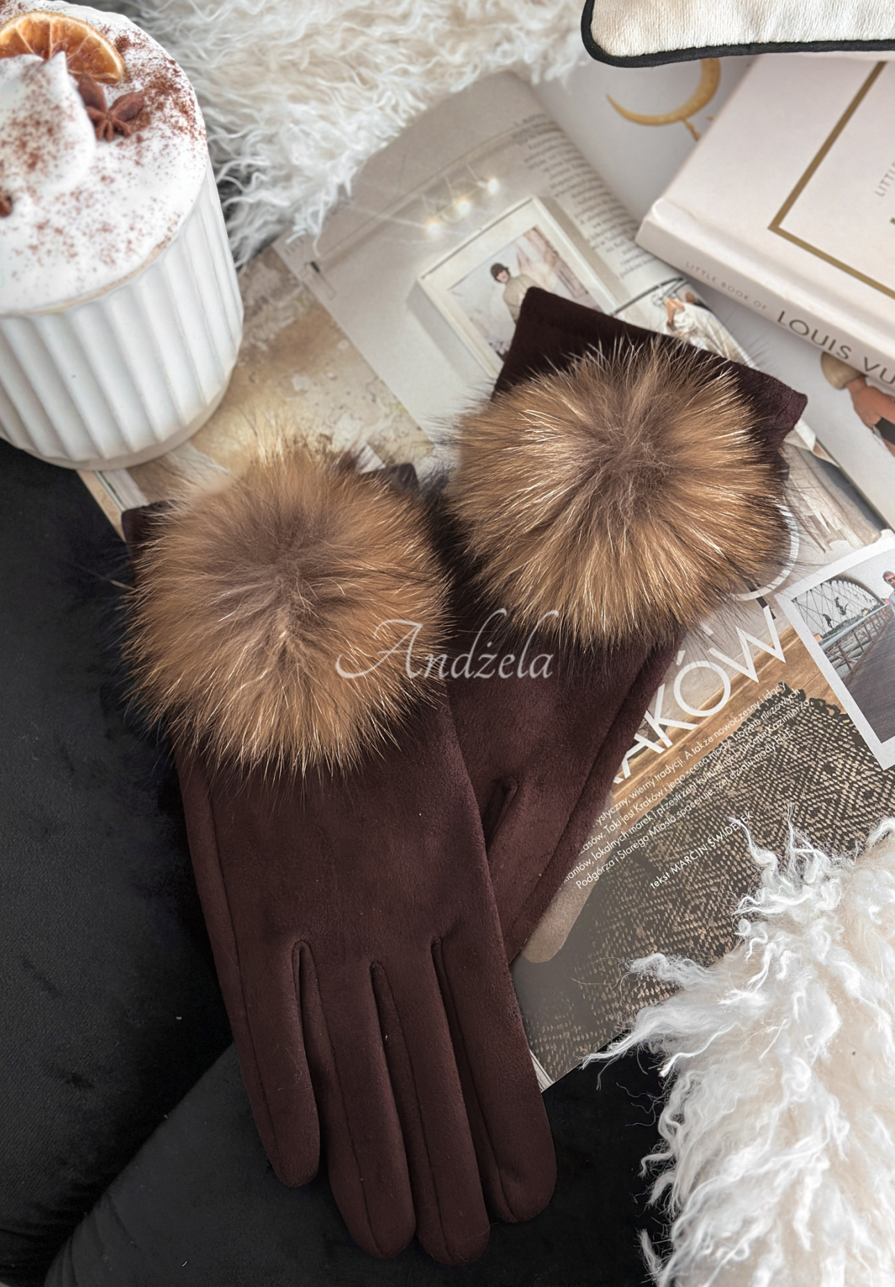 Rukavice z imitace semišu Fluffy čokoládové