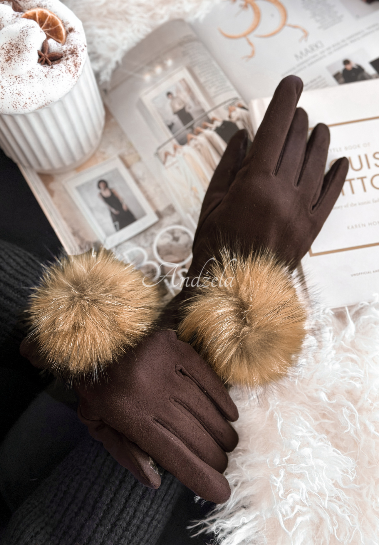 Rukavice z imitace semišu Fluffy čokoládové