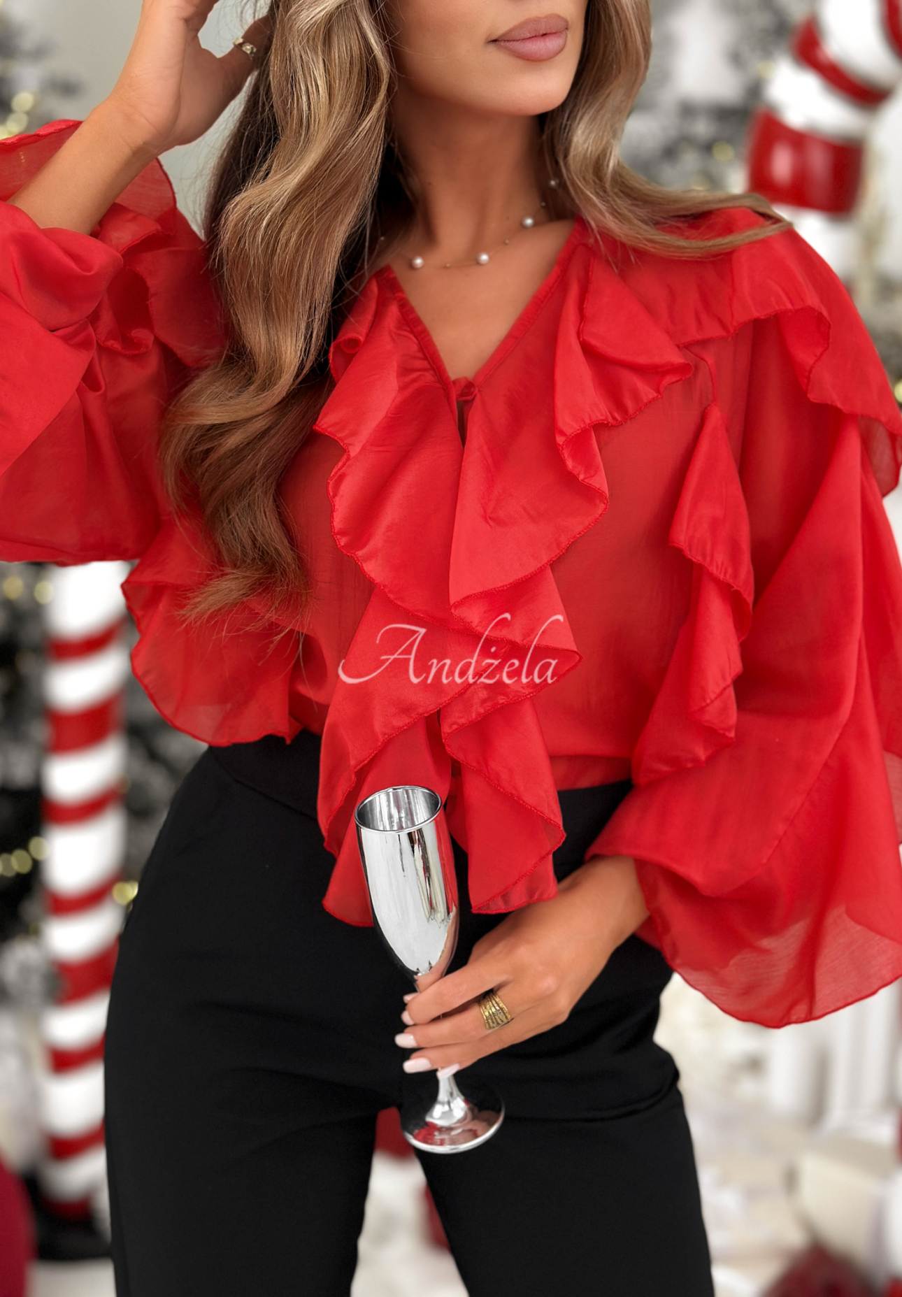 Halenka z lyocellu s volánky Feels Like Christmas červená