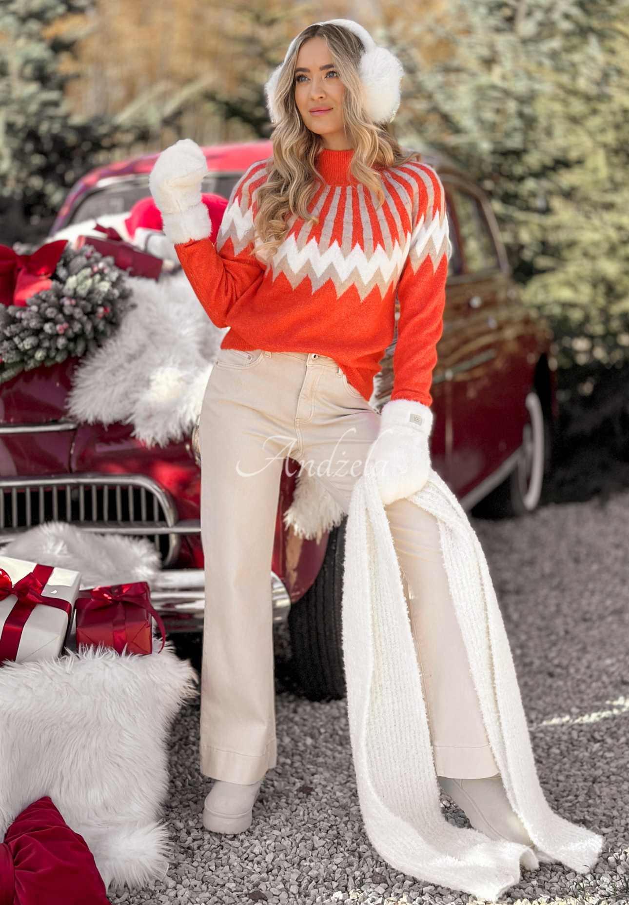 Vzorovaný svetr s vlnou Corta oranžový