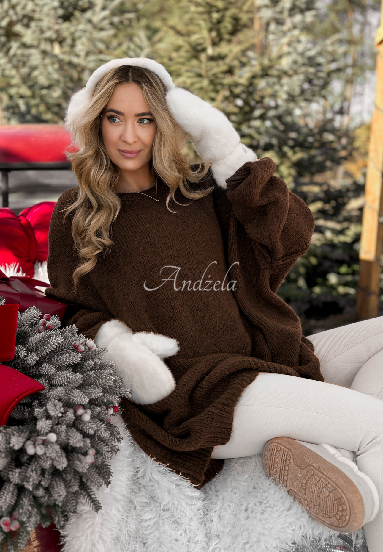 Dlouhý oversize tunikový svetr s vlnou a viskózou Cozy Weather čokoládový