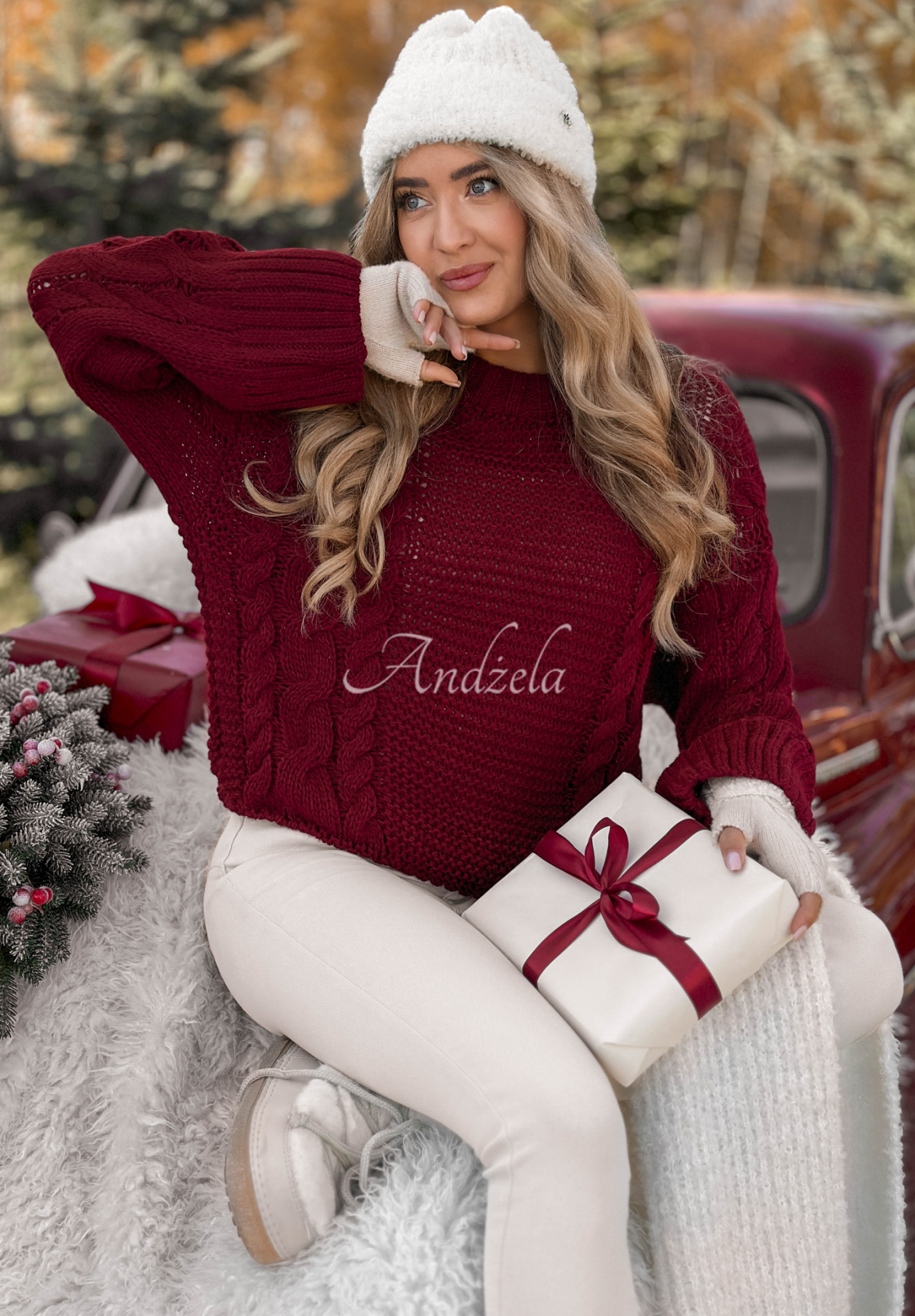 Ozdobně pletený svetr Snuggle Weather vínový