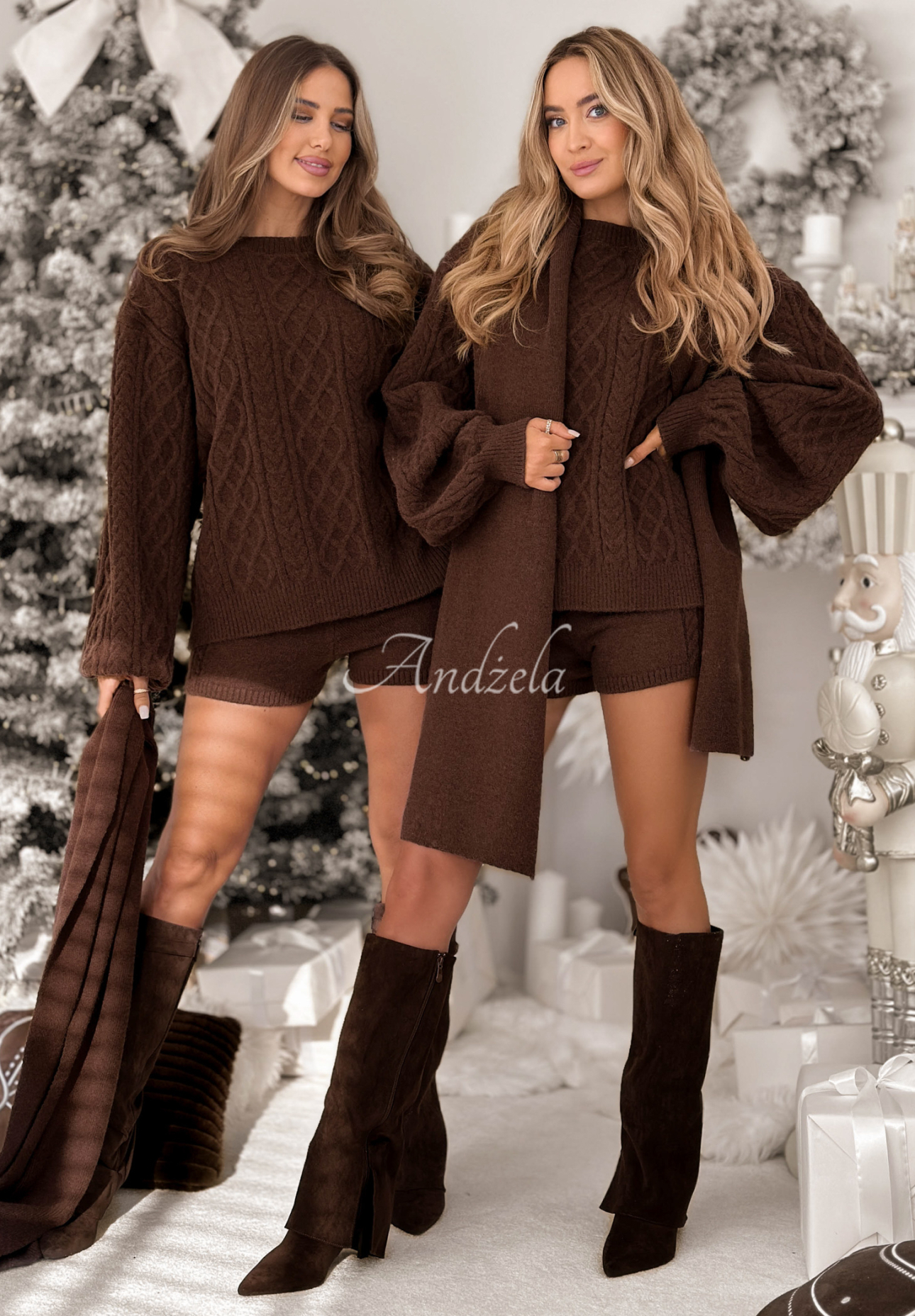 Souprava 3v1 svetr se šálou a šortky Northern Attitude čokoládový