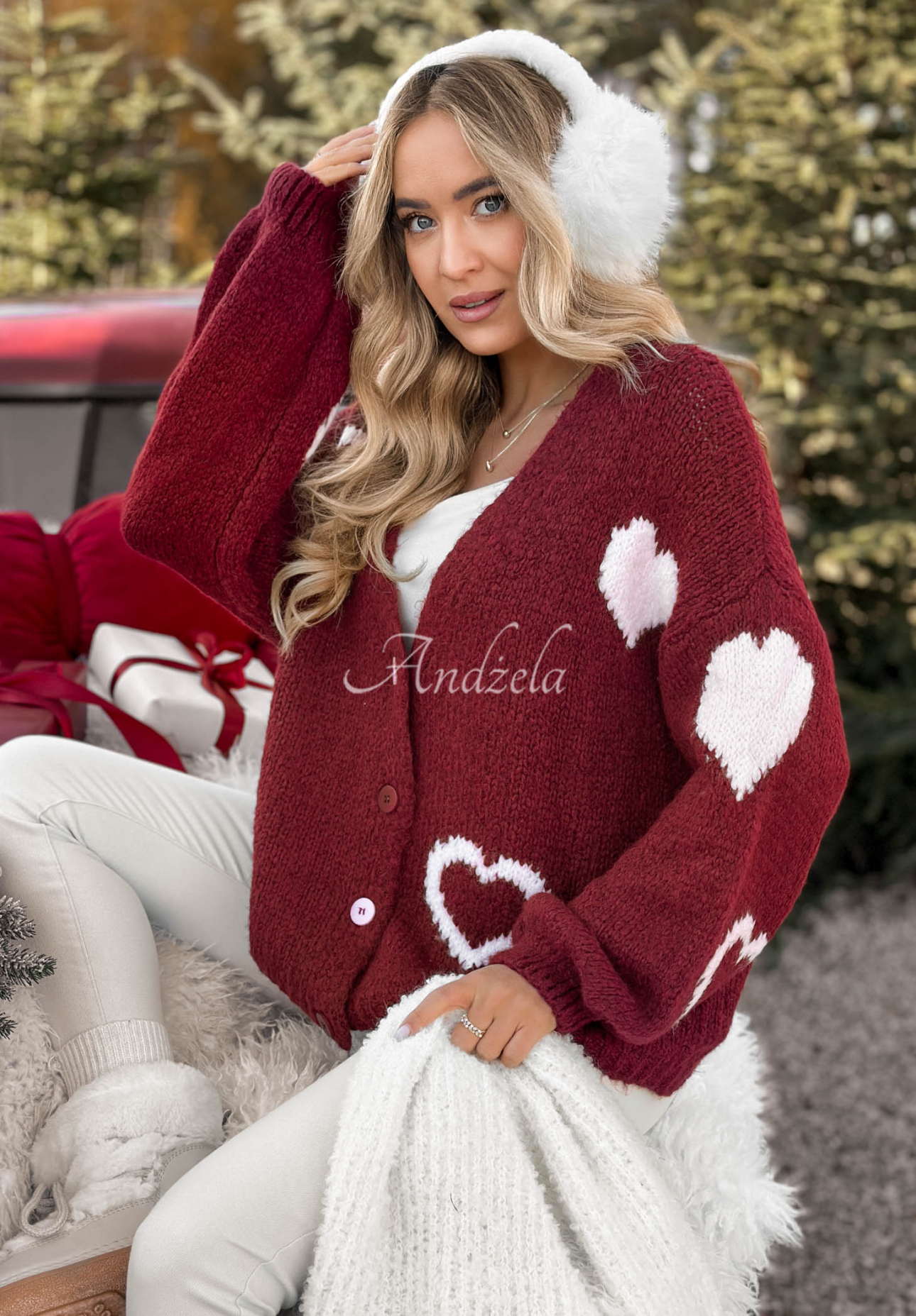 Krátký oversize kardigan se srdíčky Second Date vínový