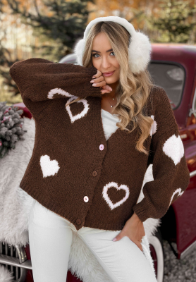 Krátký oversize kardigan se srdíčky Second Date čokoládový