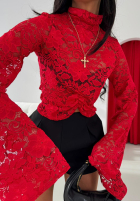 Koronkowa Halenka ze stójką i szerokimi rękawami z wiskozy La Milla Why Not You červená