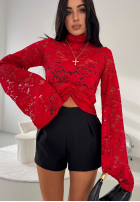 Koronkowa Halenka ze stójką i szerokimi rękawami z wiskozy La Milla Why Not You červená