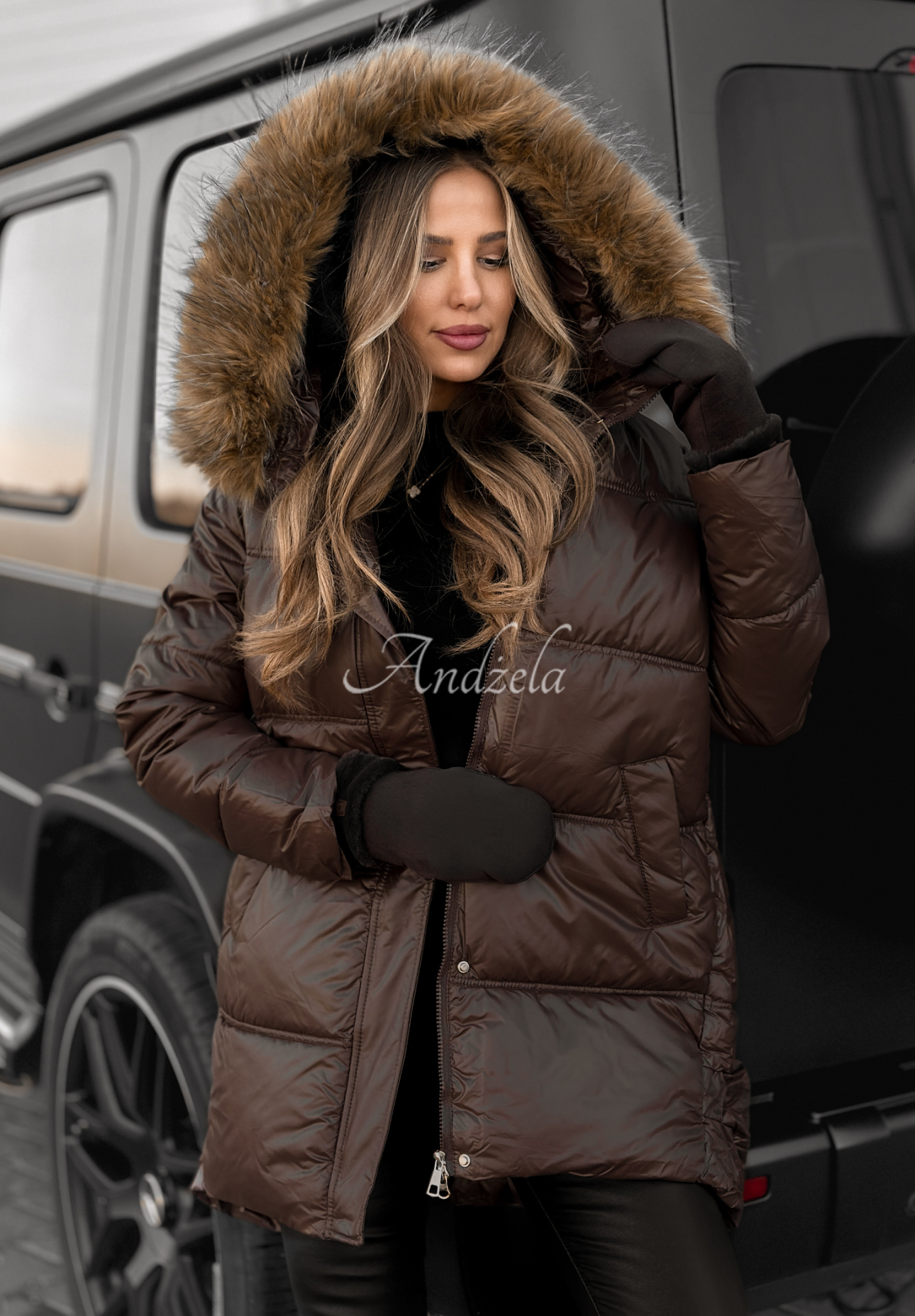 Dlouhá prošívaná bunda Happy Season čokoládová