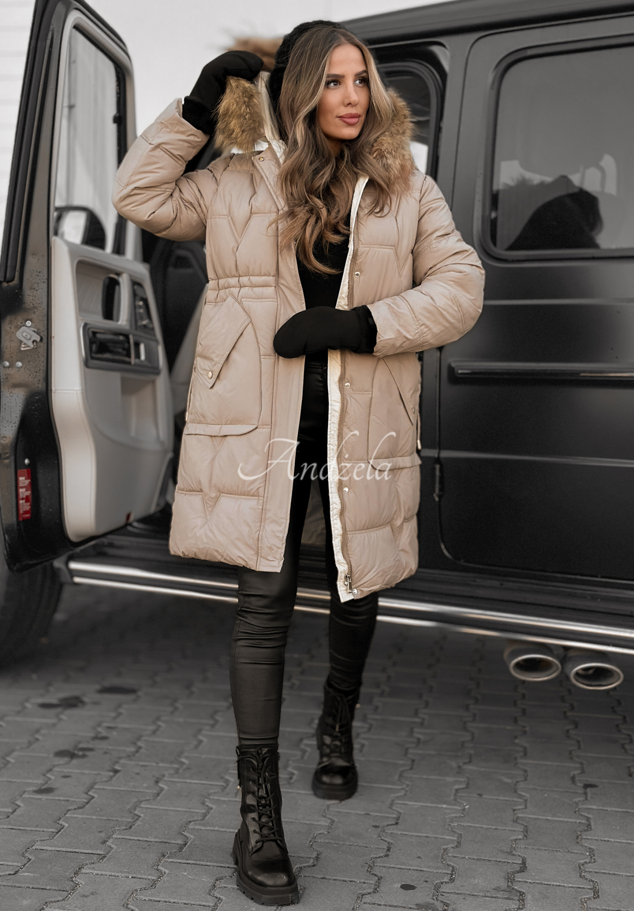 Dlouhá Prošívaná Bunda Rivia tmavě béžová