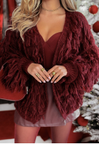 Krótki kardigan z frędzlami Fringe vínový