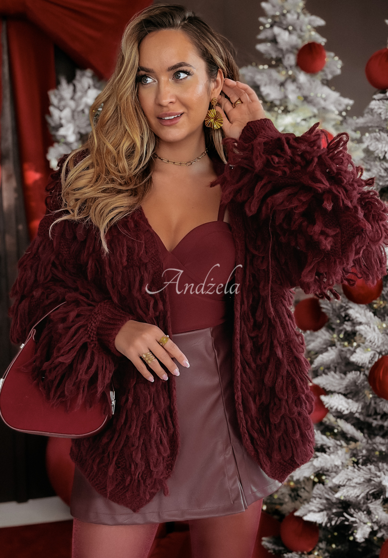 Krátký kardigan s třásněmi Fringe vínový