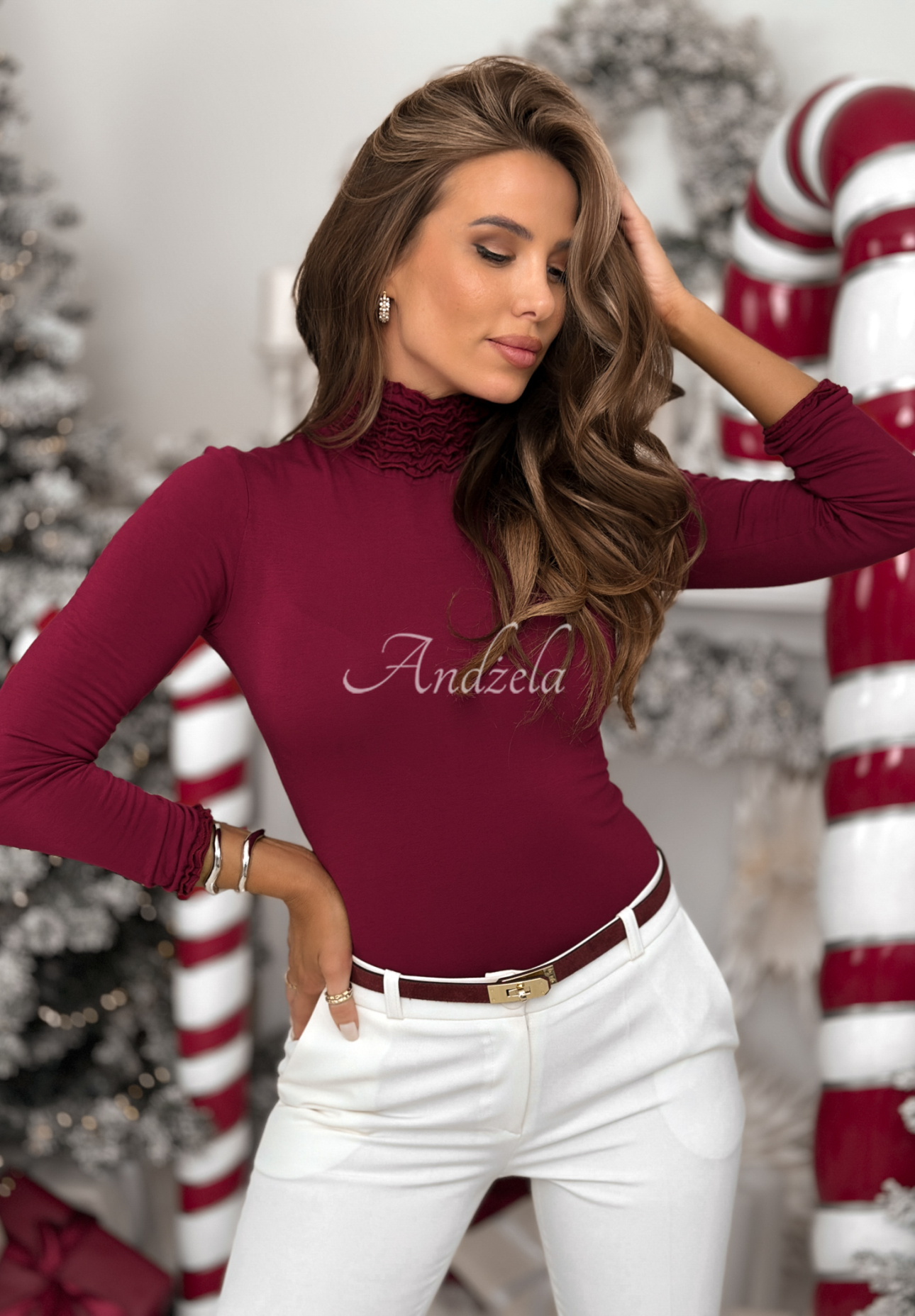 Viskózová halenka s dlouhým rukávem a rolákem Your Own Luck vínová