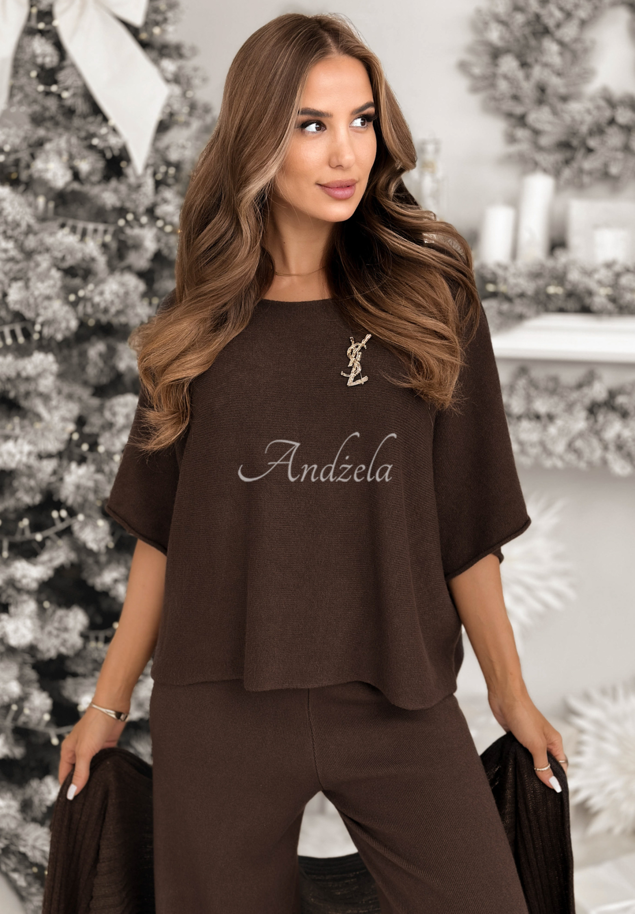 Pletená souprava blůzka a kalhoty z viskózy Can&#039;t Talk čokoládový