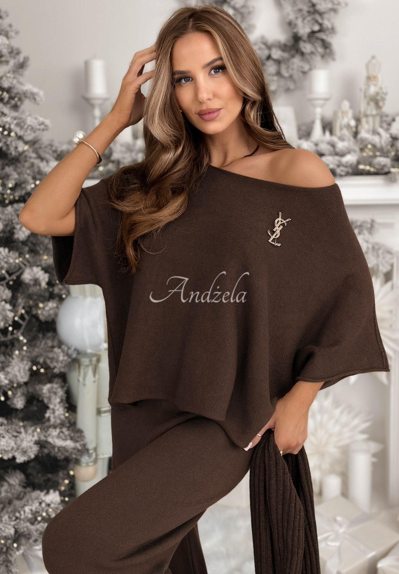 Pletená souprava blůzka a kalhoty z viskózy Can&#039;t Talk čokoládový