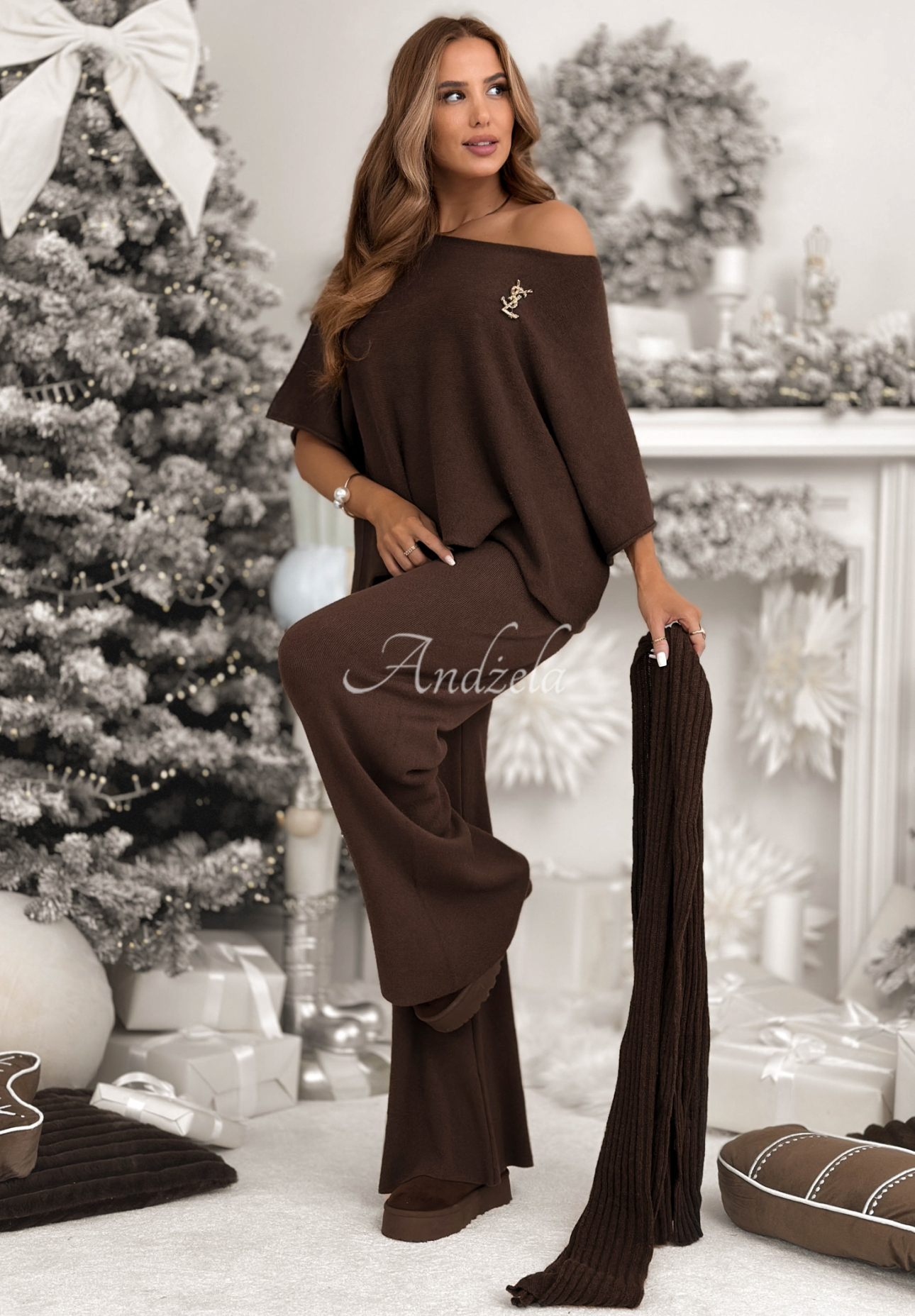 Pletená souprava blůzka a kalhoty z viskózy Can't Talk čokoládový