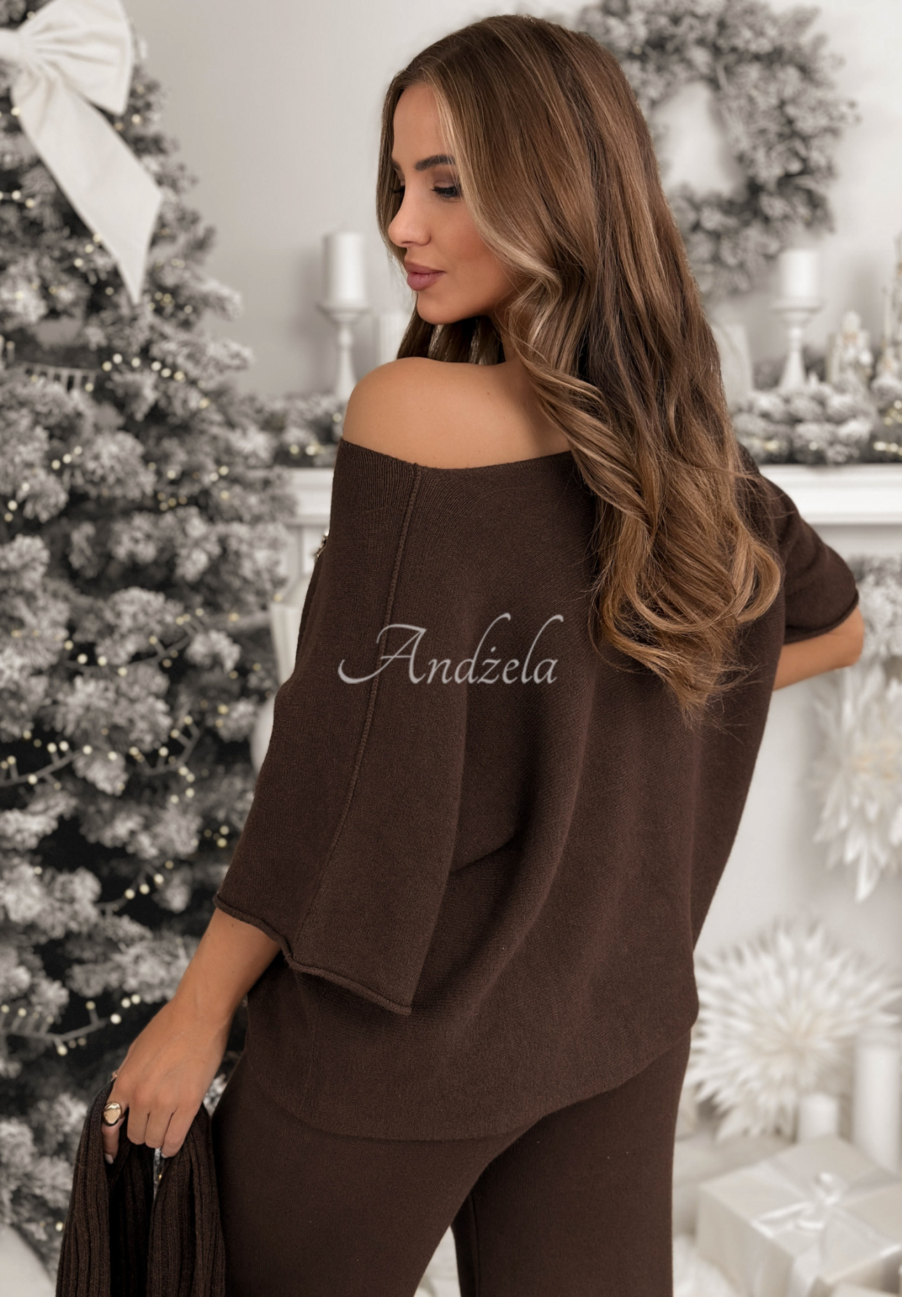 Pletená souprava blůzka a kalhoty z viskózy Can&#039;t Talk čokoládový