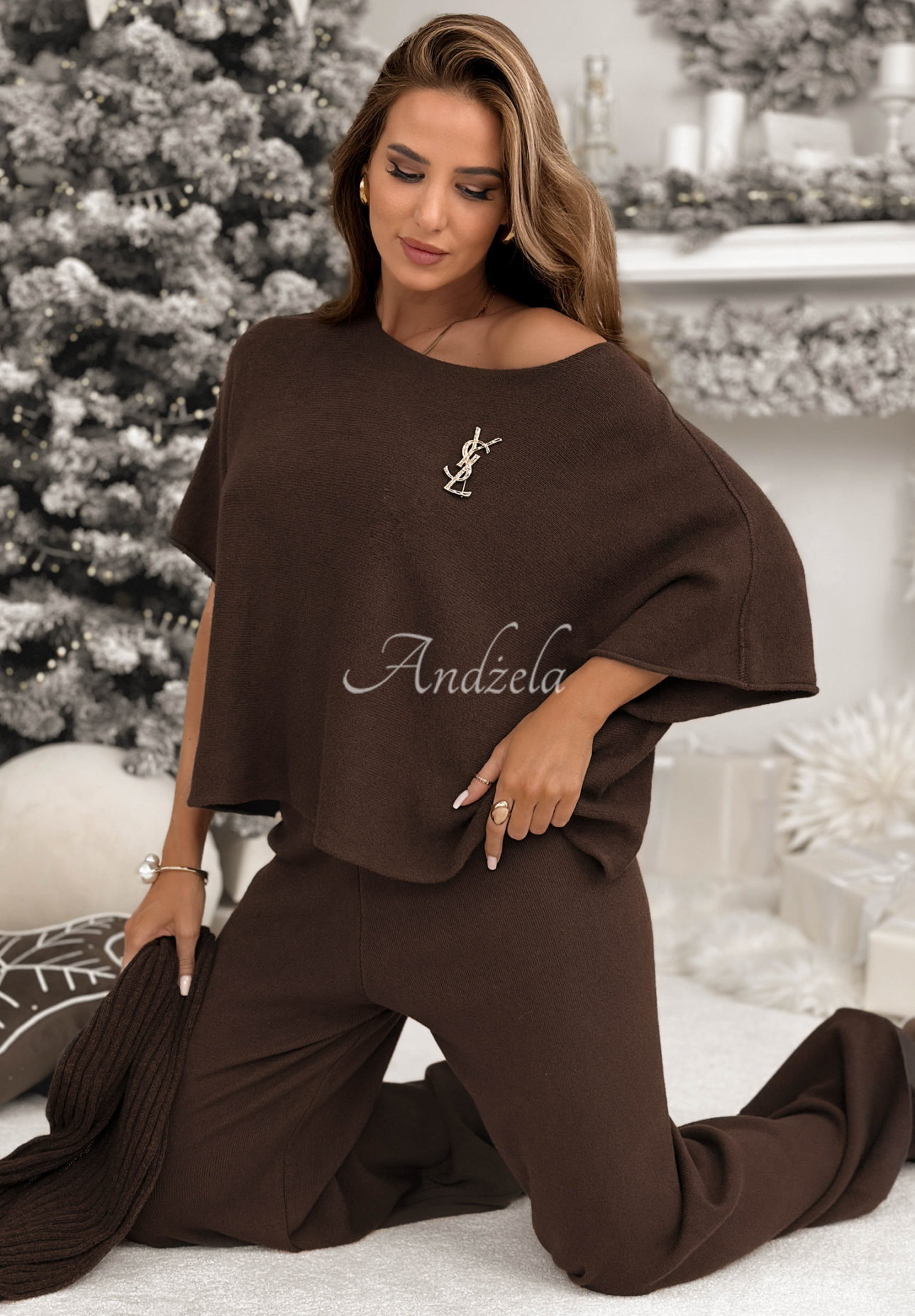 Pletená souprava blůzka a kalhoty z viskózy Can&#039;t Talk čokoládový