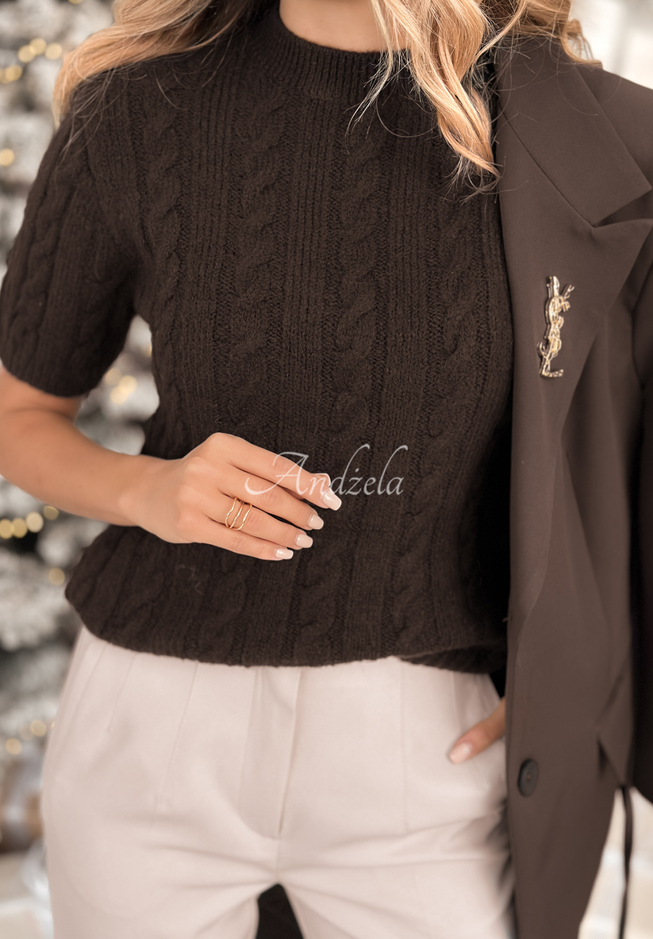 Ozdobně pletený svetr s vlnou a alpakou Miss Me čokoládový