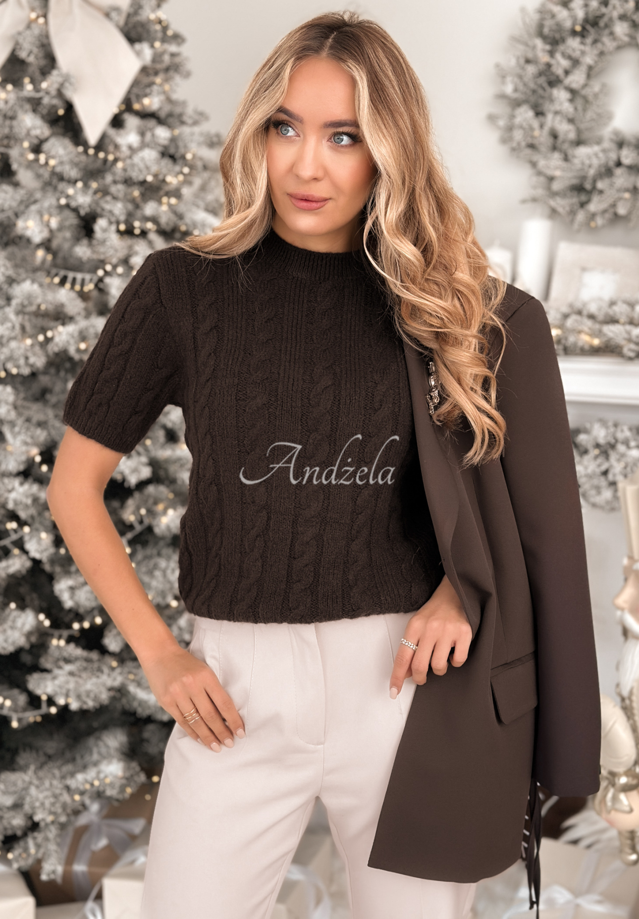 Ozdobně pletený svetr s vlnou a alpakou Miss Me čokoládový