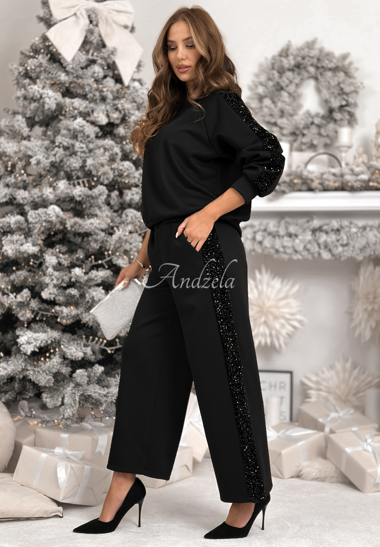 Viskózová tepláková souprava mikina a kalhoty s flitry Nothing To Do Černé