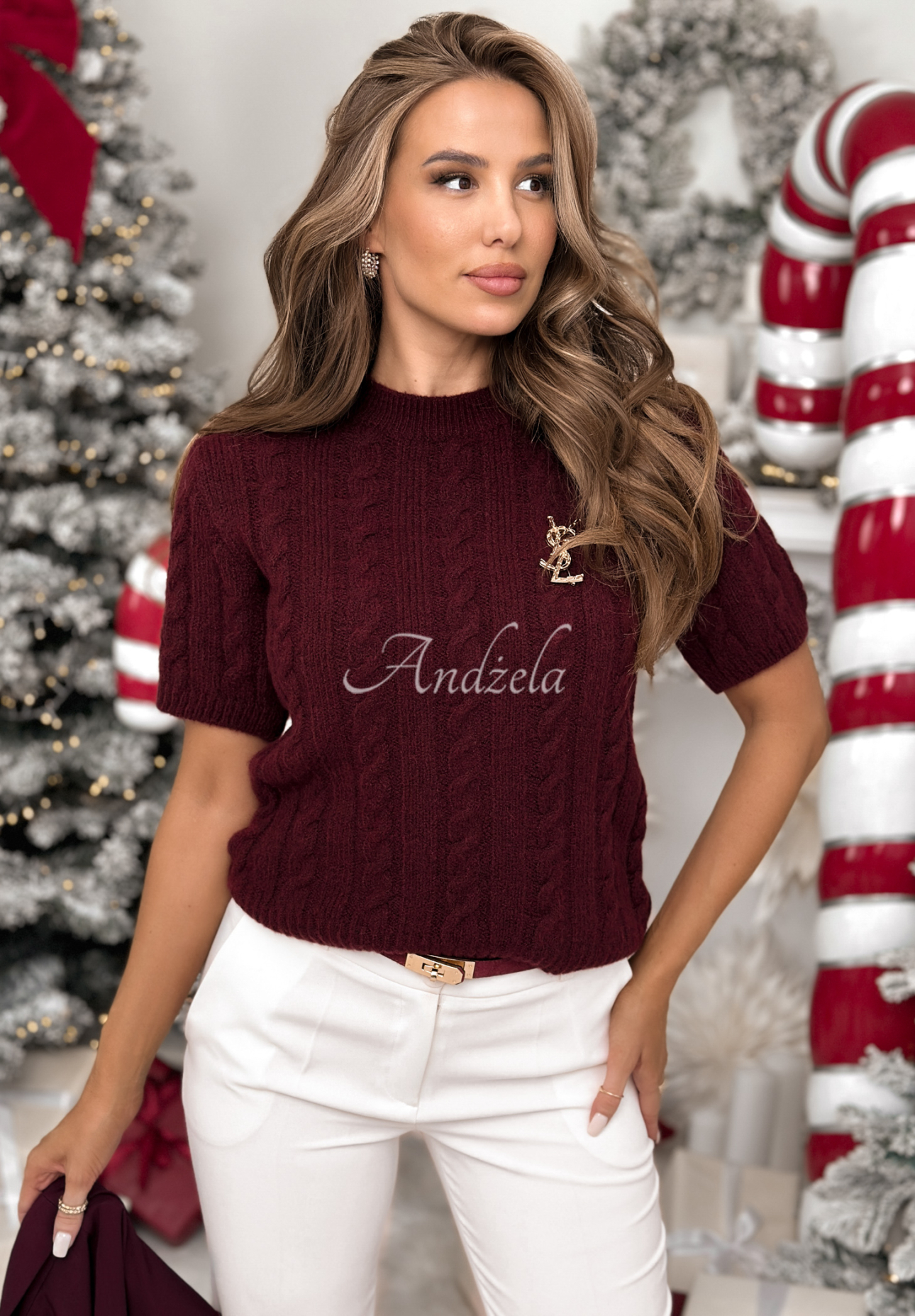 Ozdobně pletený svetr s vlnou a alpakou Miss Me vínový