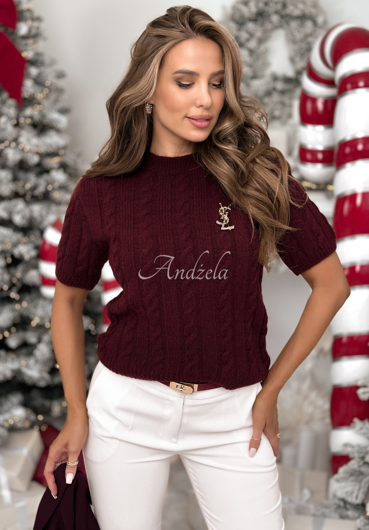 Ozdobně pletený svetr s vlnou a alpakou Miss Me vínový