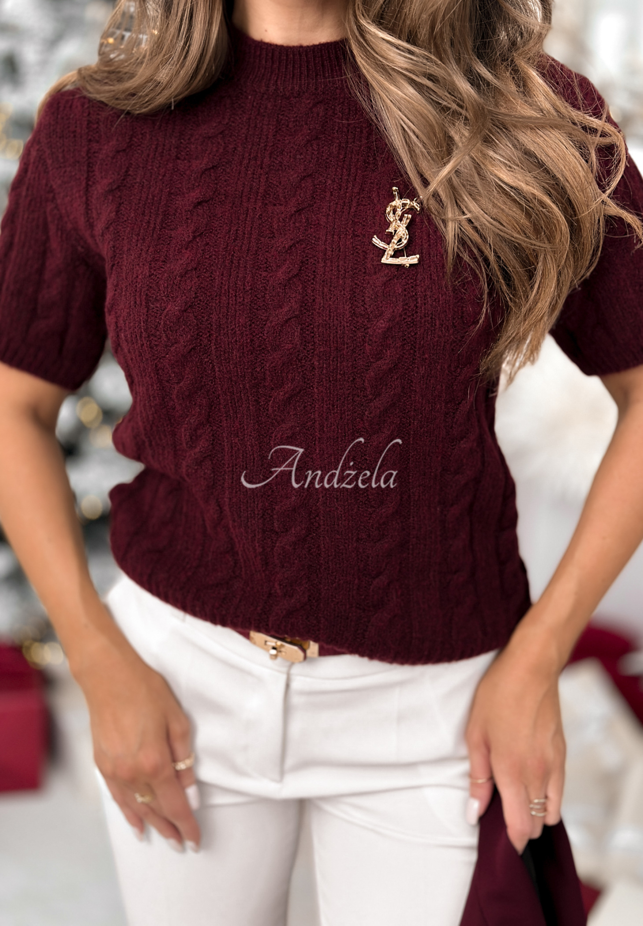 Ozdobně pletený svetr s vlnou a alpakou Miss Me vínový