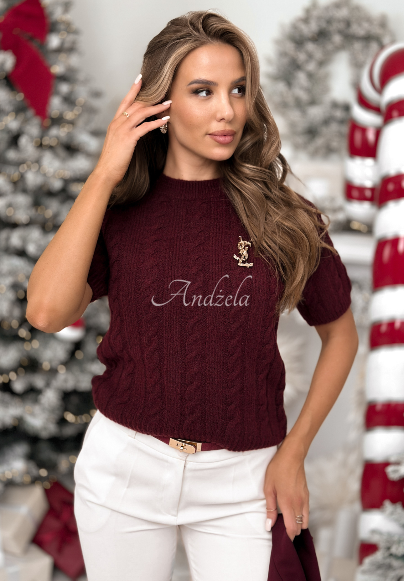 Ozdobně pletený svetr s vlnou a alpakou Miss Me vínový