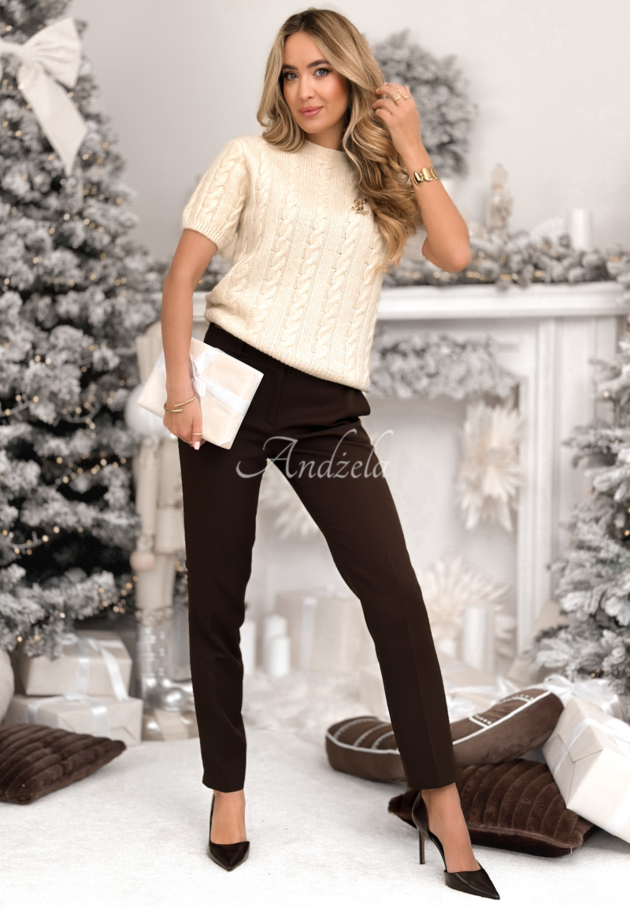 Ozdobně pletený svetr s vlnou a alpakou Miss Me béžový