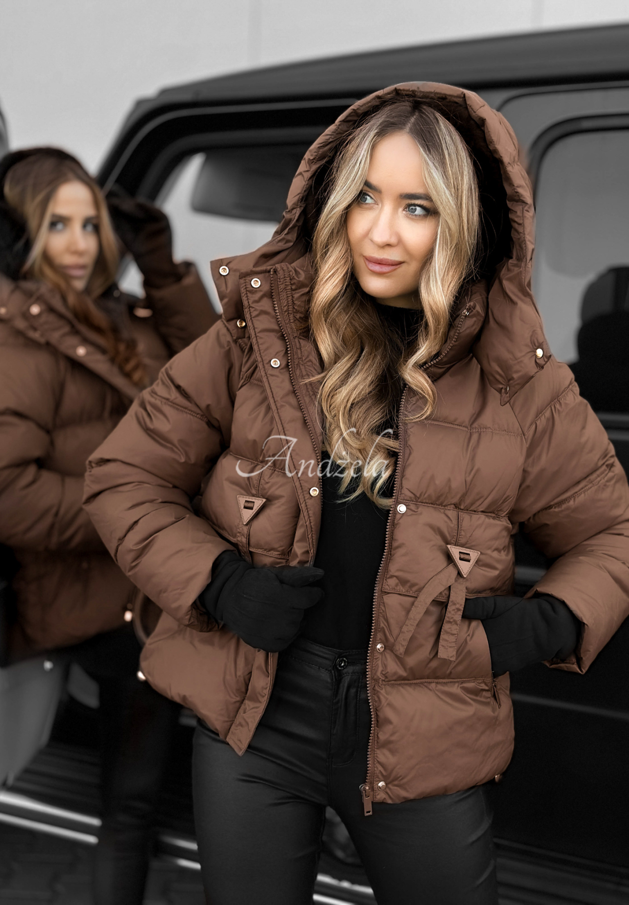 Krátká prošívaná bunda s kapucí Sister Winter čokoládová