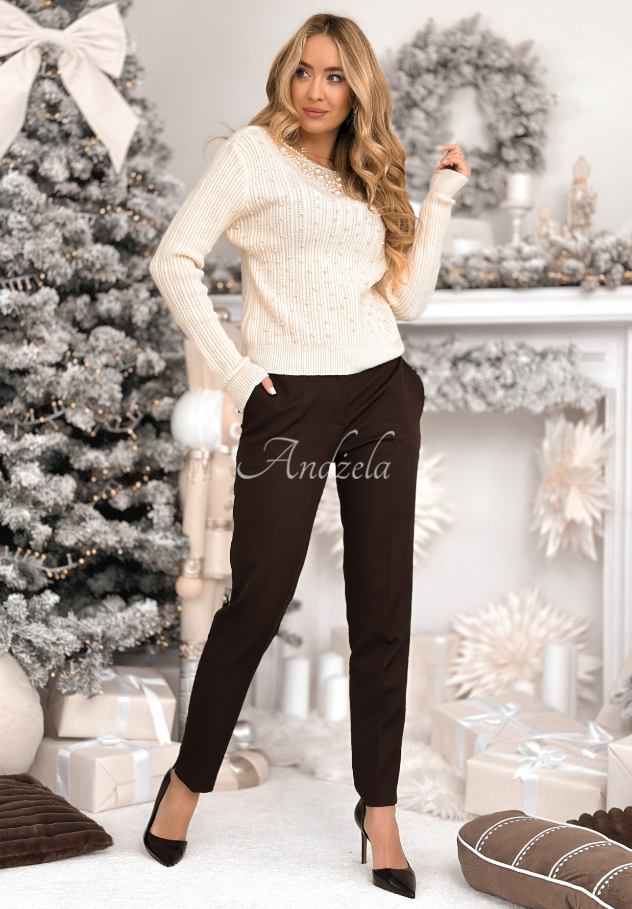 Vroubkovaný svetr s perličkami Pearly Lady ecru