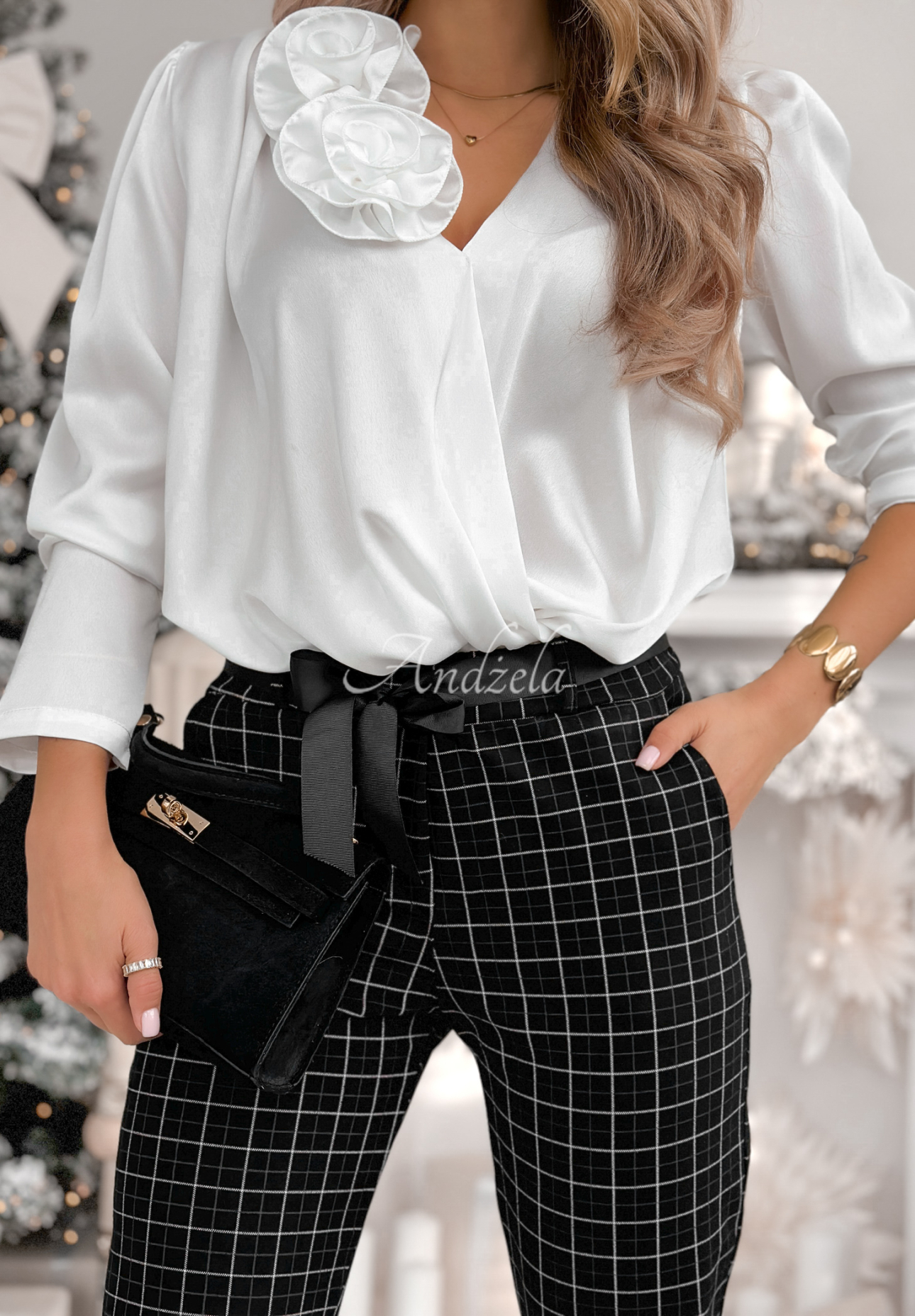 Viskózové cigaretové kalhoty kárované Little Squares černé