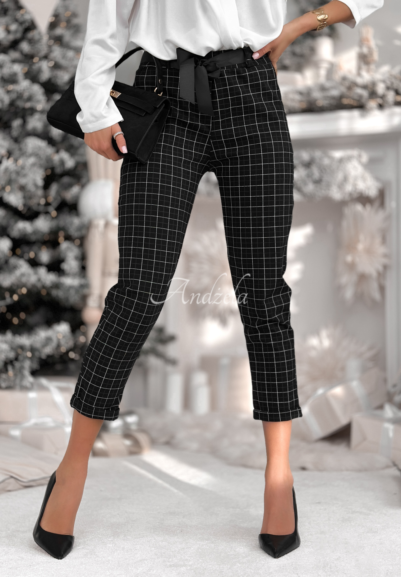 Viskózové cigaretové kalhoty kárované Little Squares černé