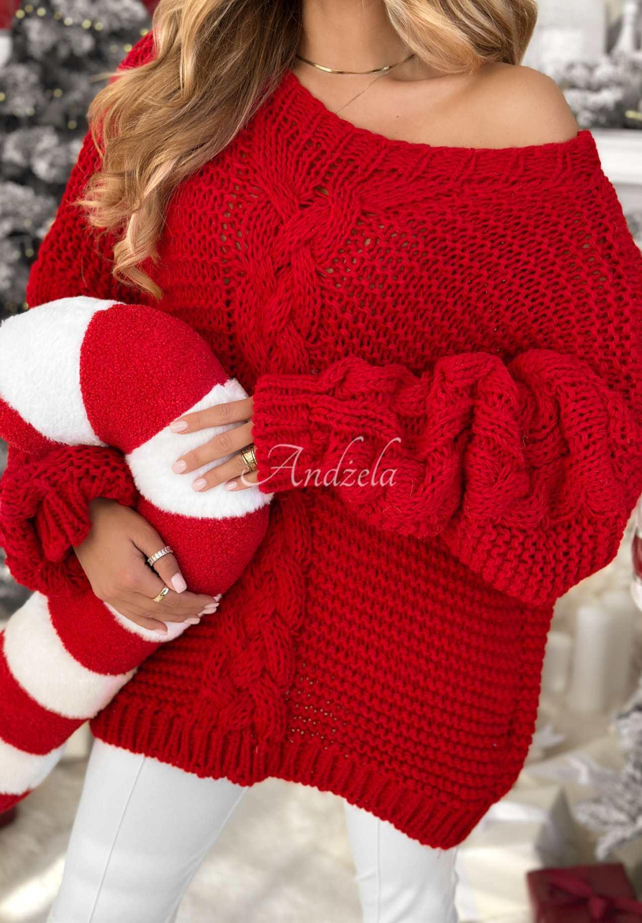 Oversize ozdobně pletený svetr s vlnou White Season červený