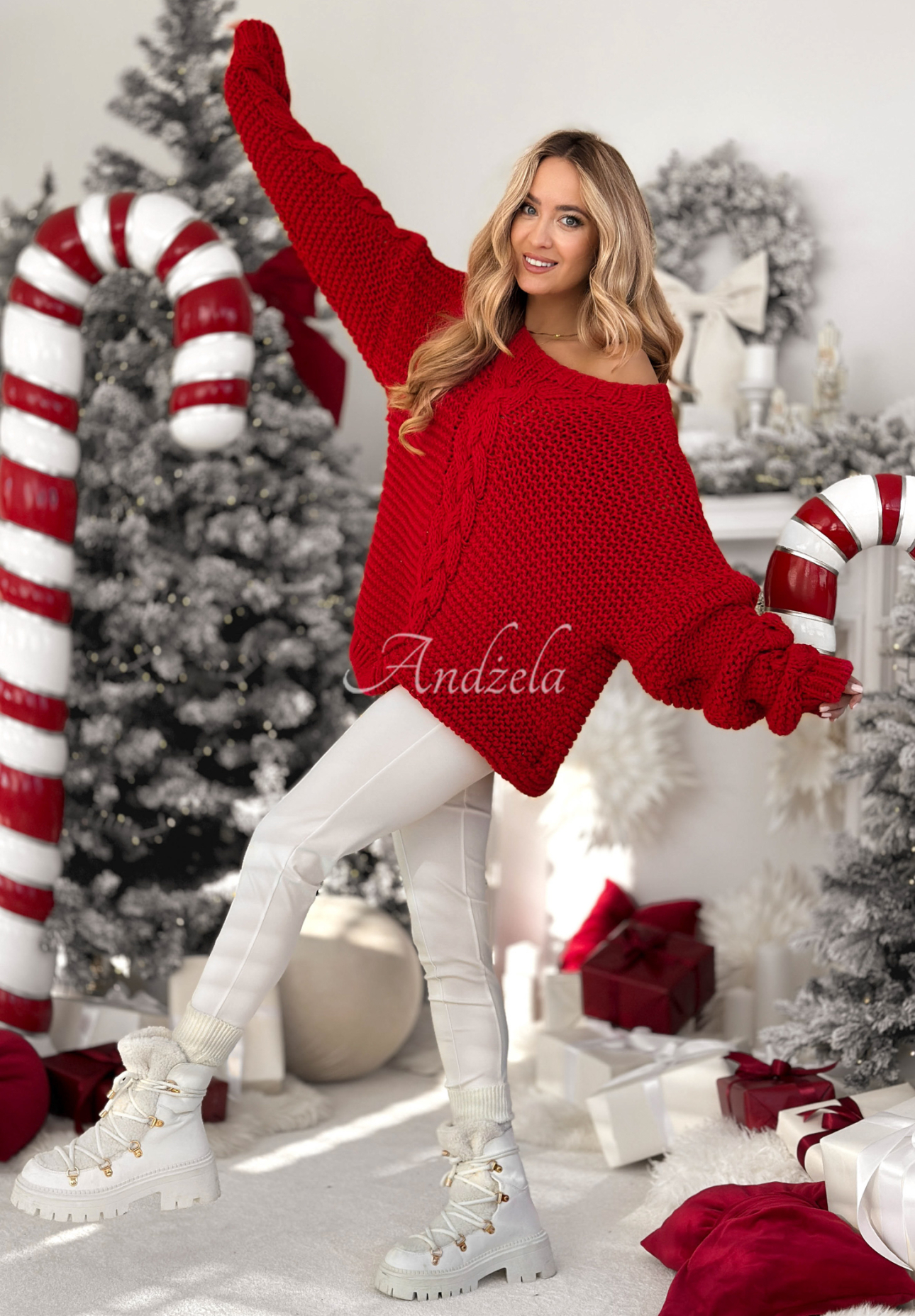 Oversize ozdobně pletený svetr s vlnou White Season červený