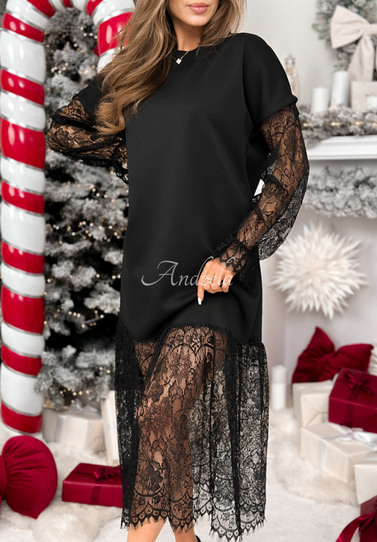 Viskózové midi šaty s krajkou Ultimate Success černá