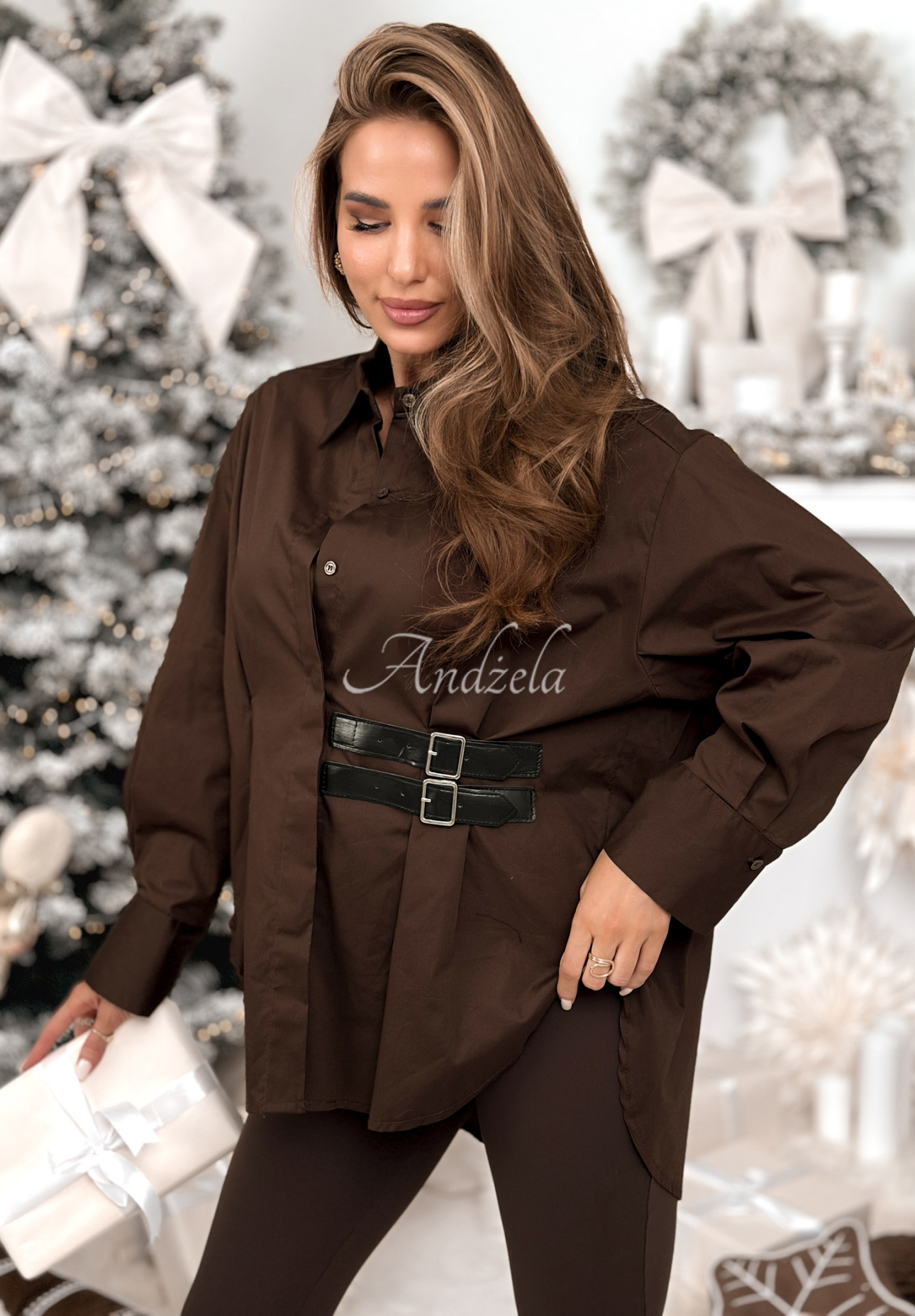 Asymetrická košile-Tunika s pásky Can Only Be čokoládová