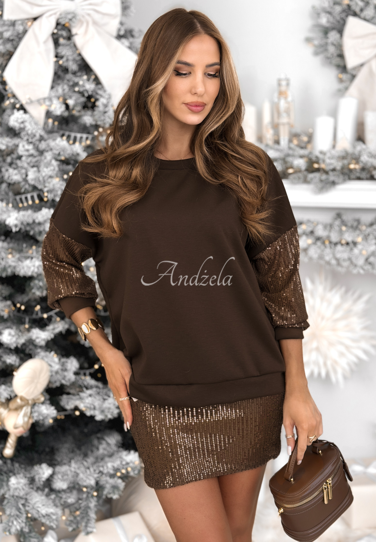 Souprava mikina a sukně s flitry Got The Power čokoládový