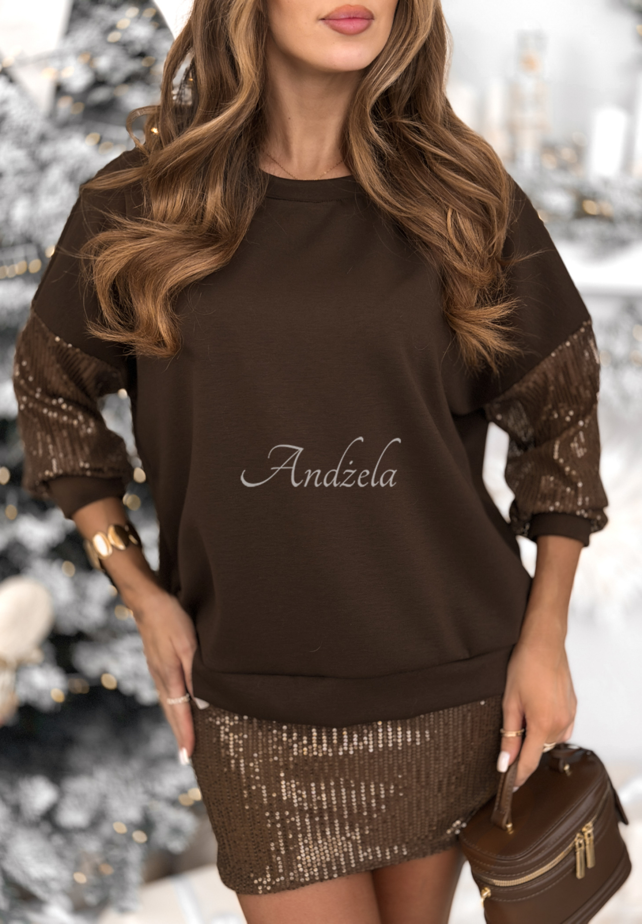 Souprava mikina a sukně s flitry Got The Power čokoládový