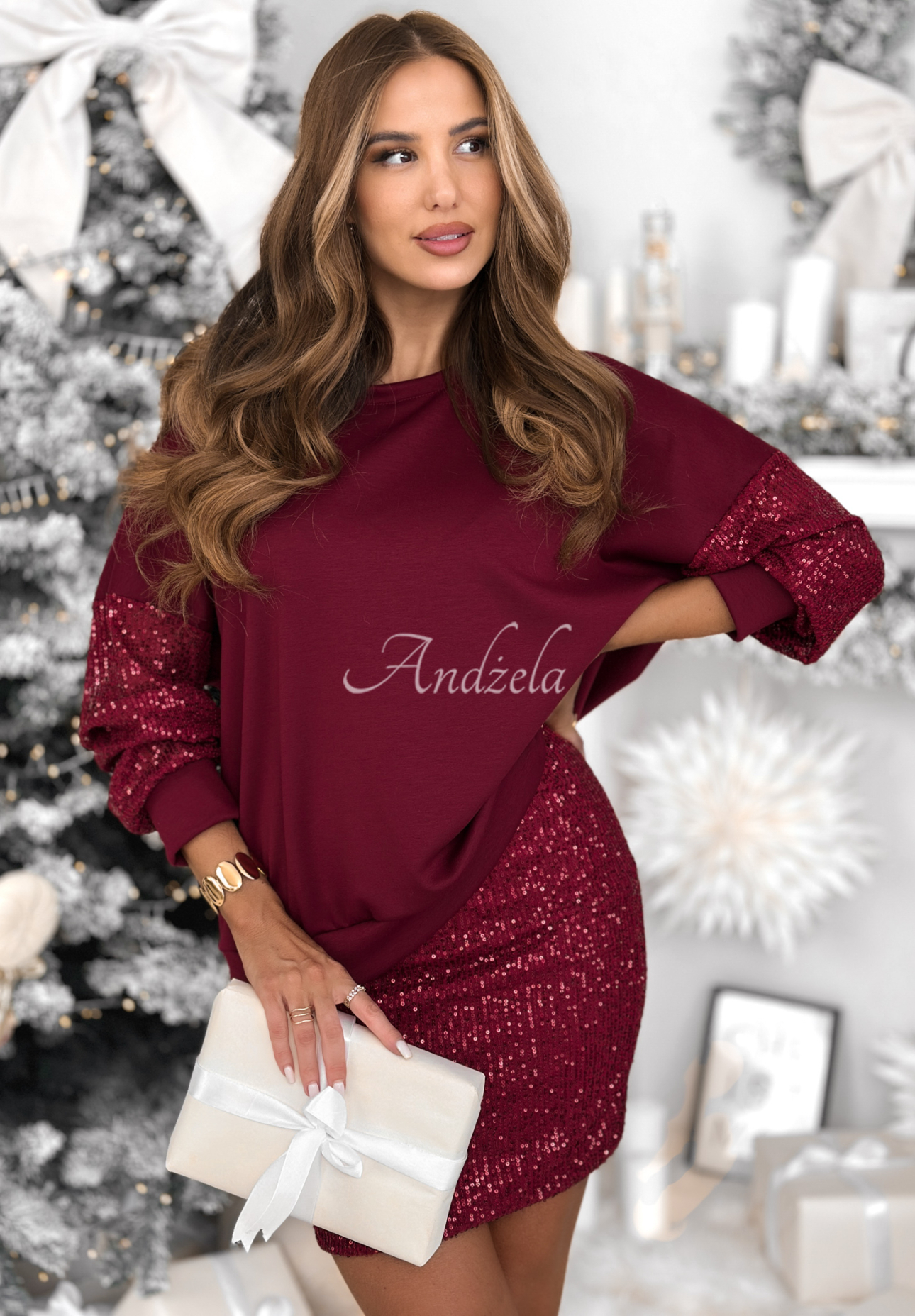 Souprava mikina a sukně s flitry Got The Power vínový