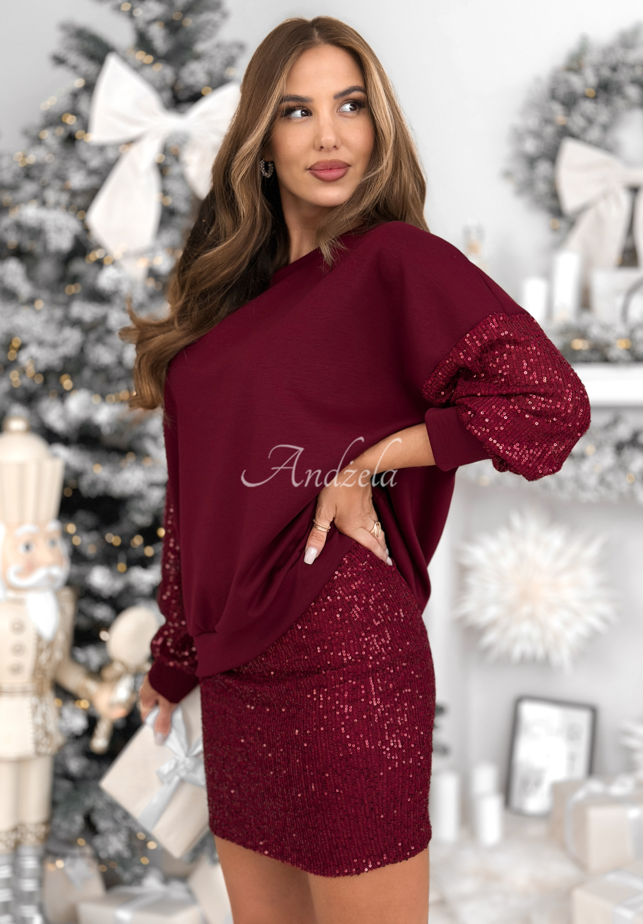 Souprava mikina a sukně s flitry Got The Power vínový