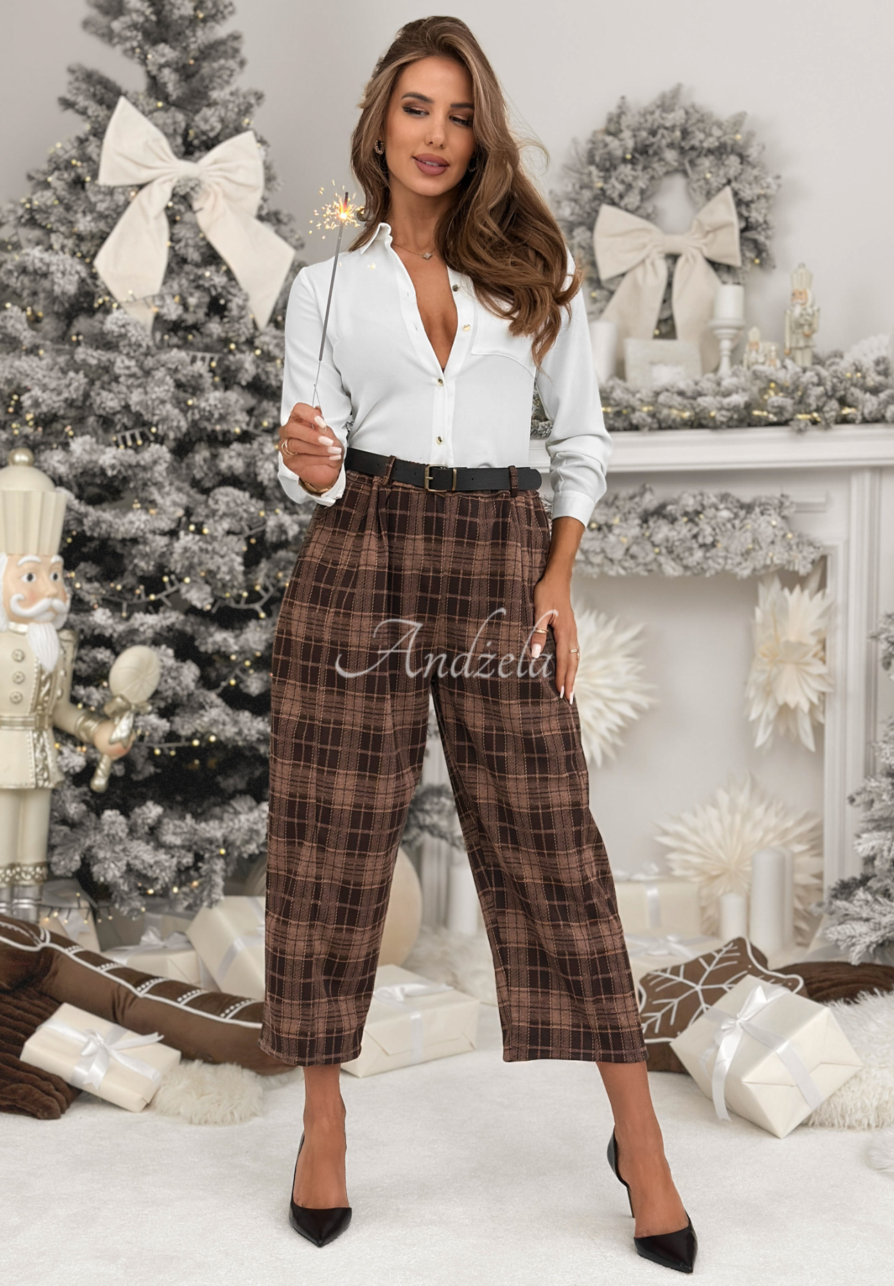 Látkové kárované kalhoty s viskózou Learned About čokoládové