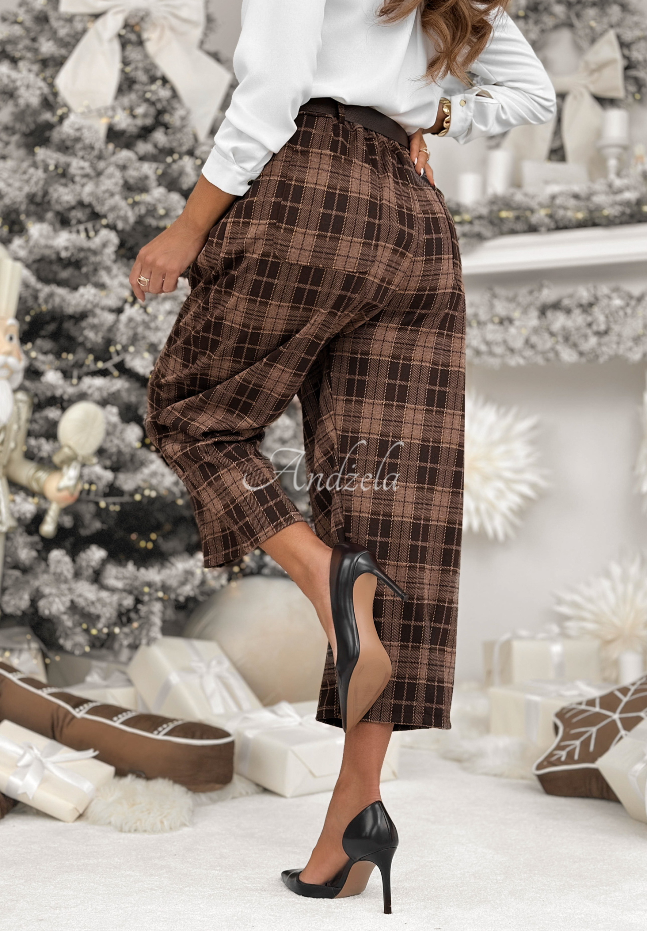 Látkové kárované kalhoty s viskózou Learned About čokoládové