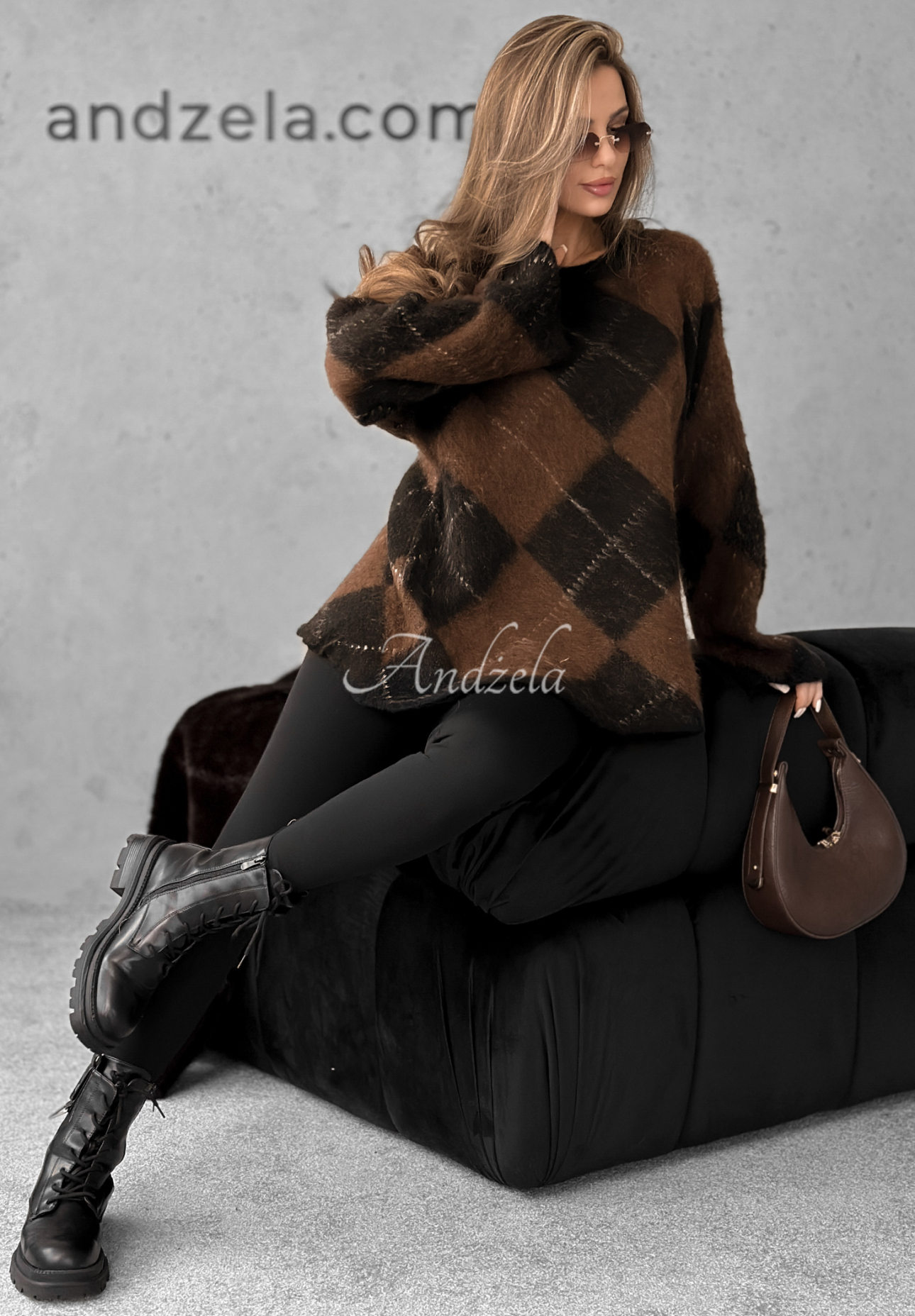 Svetr s kosočtverci z vlny a viskózy Winter Things čokoládově-černý