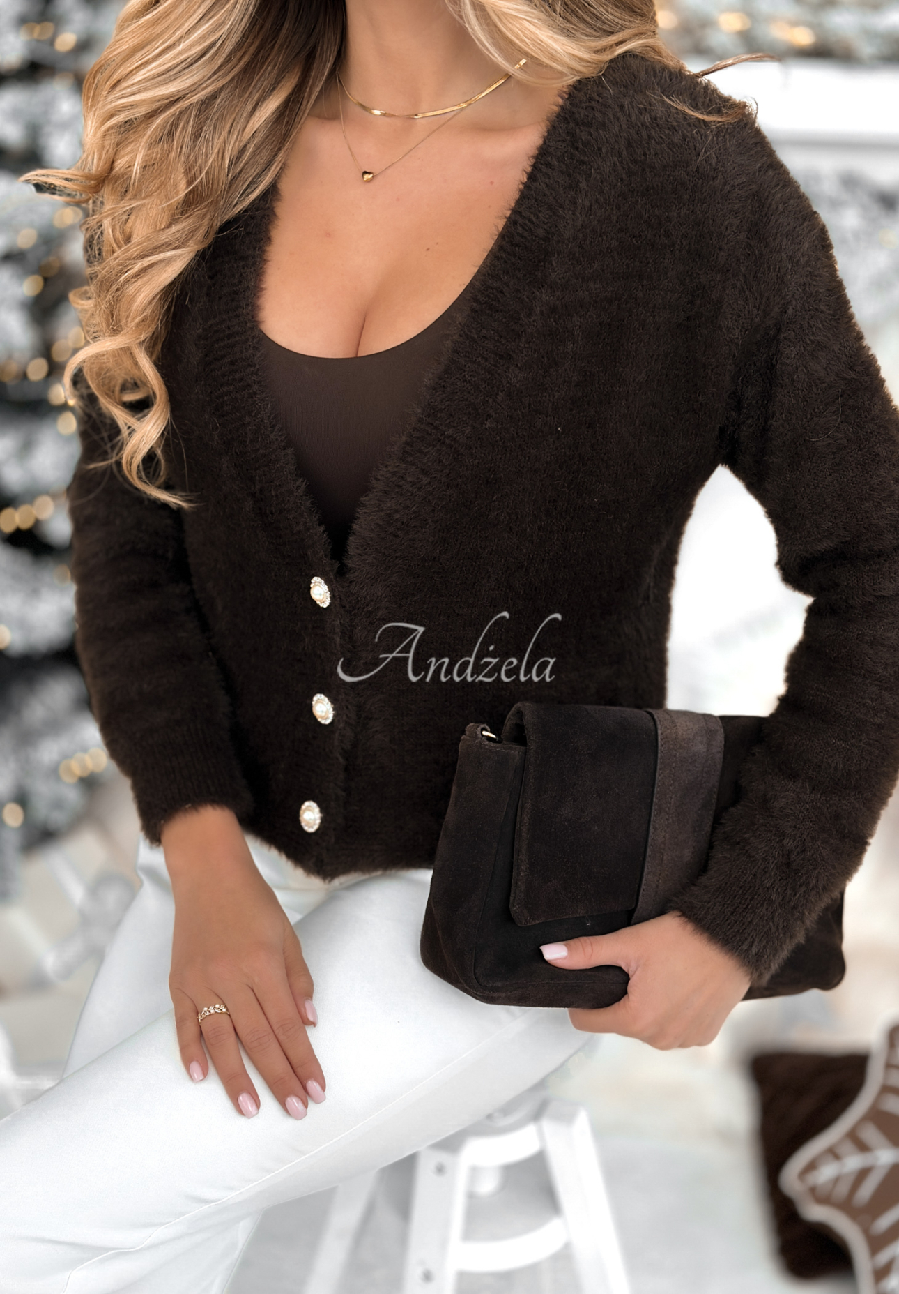 Krátký kardigan z alpaky Touch The Clouds čokoládový