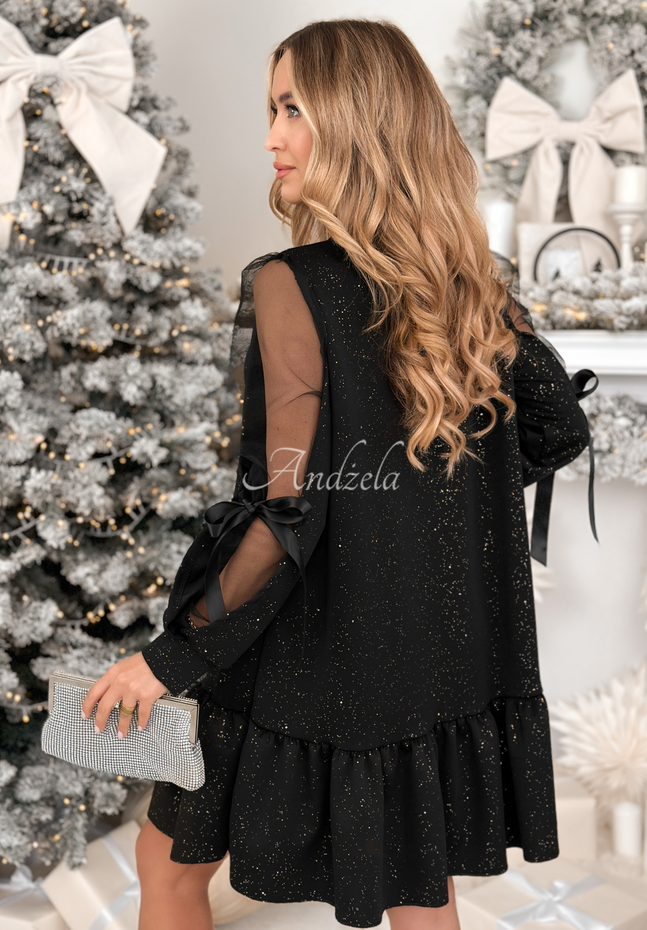 Třpytivé viskózové šaty s volánkem a mašličkami Goodbye My Lover černá