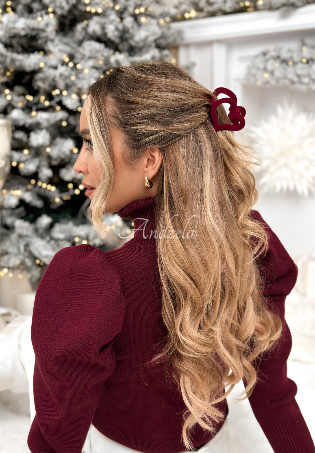 Velurová vlasová spona klips Velvette Heart vínová