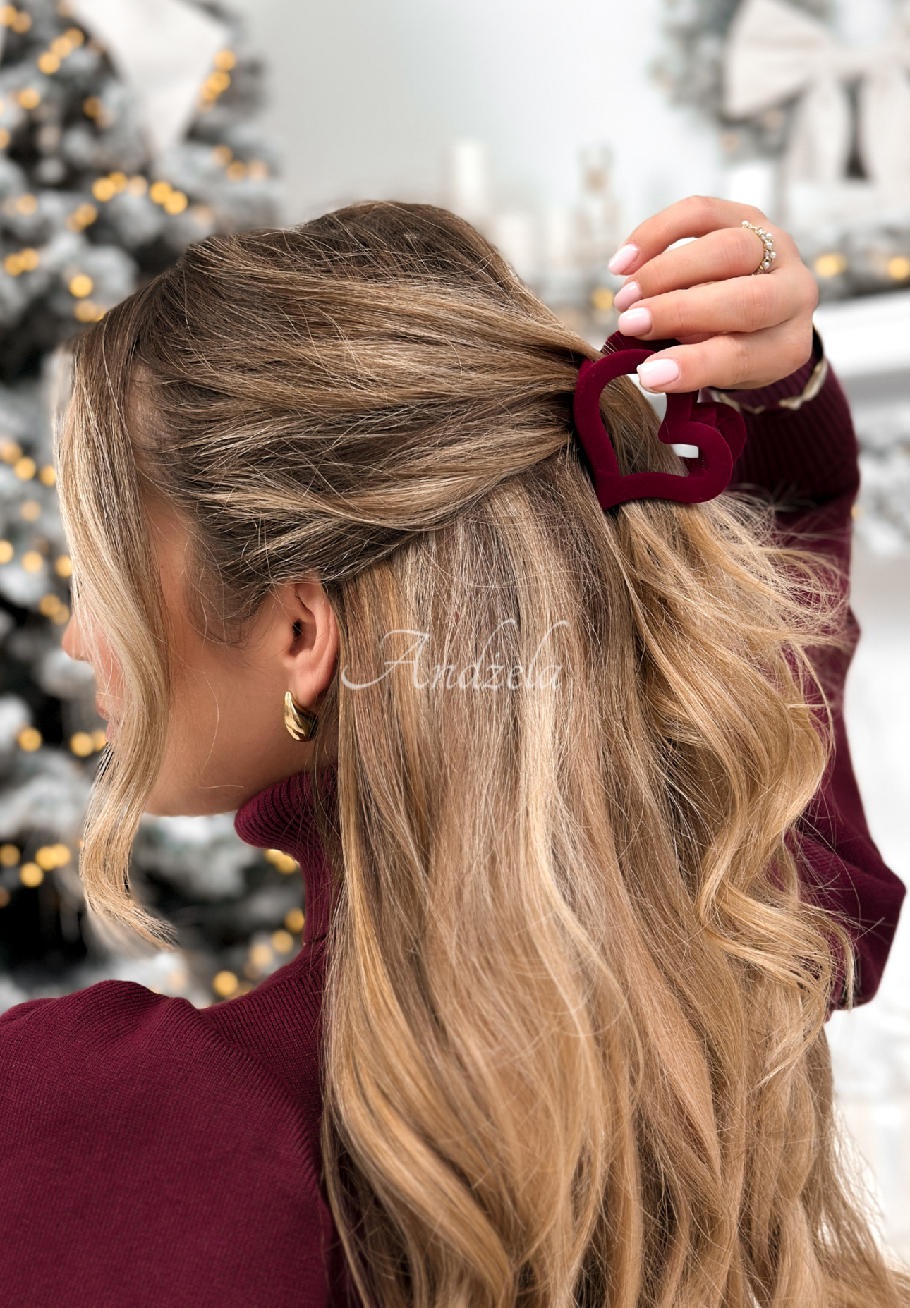 Velurová vlasová spona klips Velvette Heart vínová