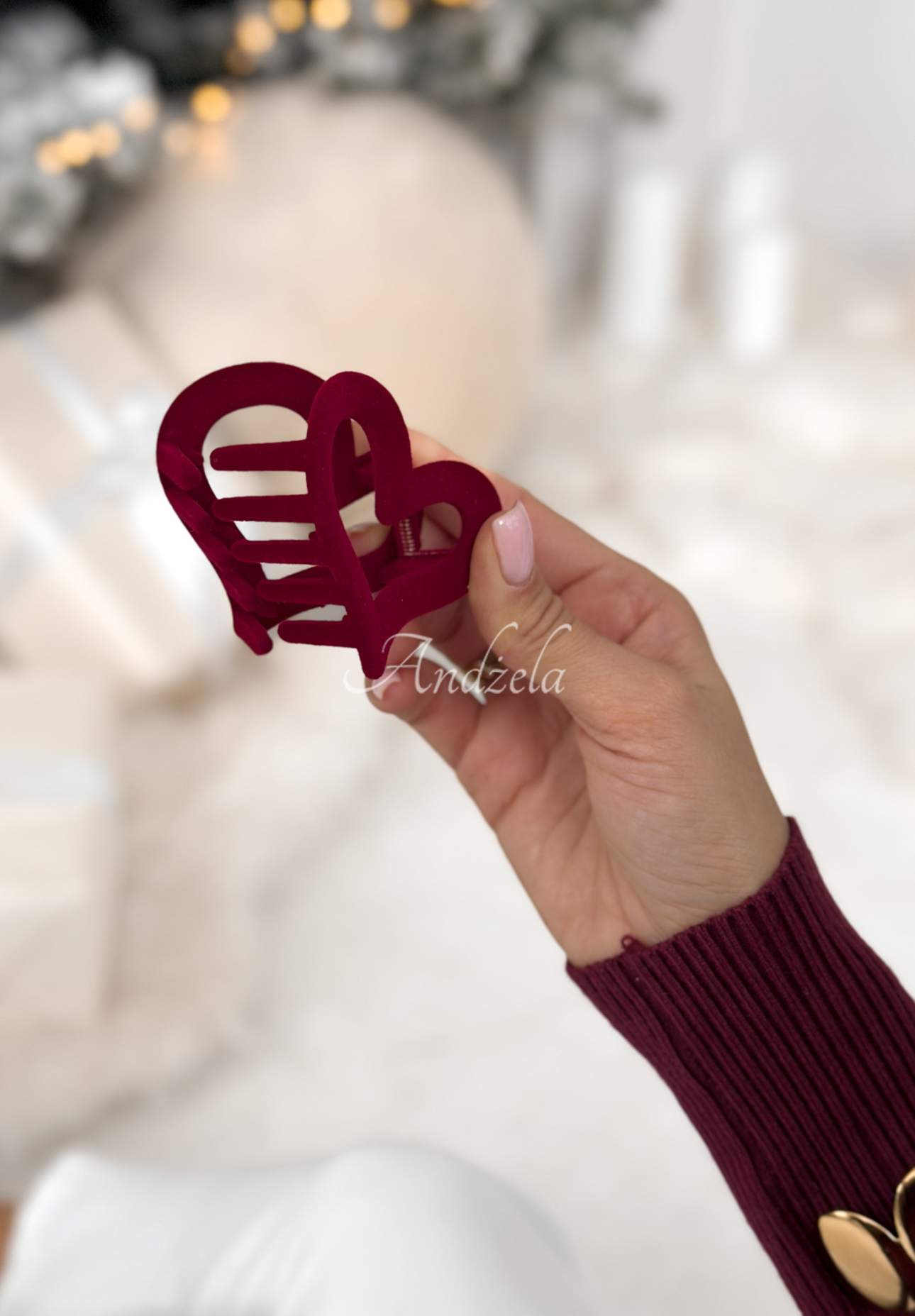 Velurová vlasová spona klips Velvette Heart vínová