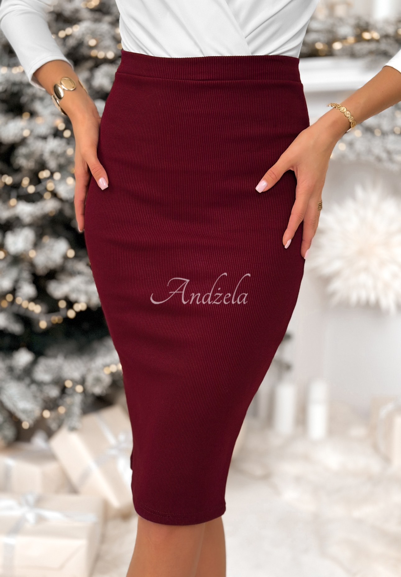 Žebrovaná midi sukně Still With You vínová